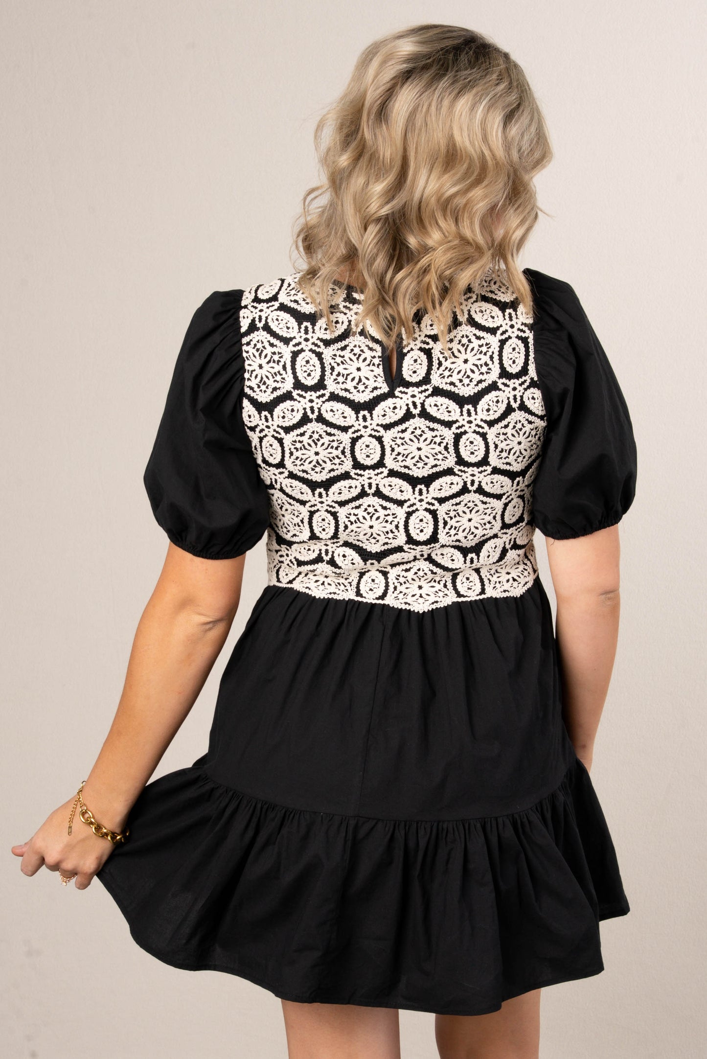 Crocheted Bodice Puff Sleeve Dress
