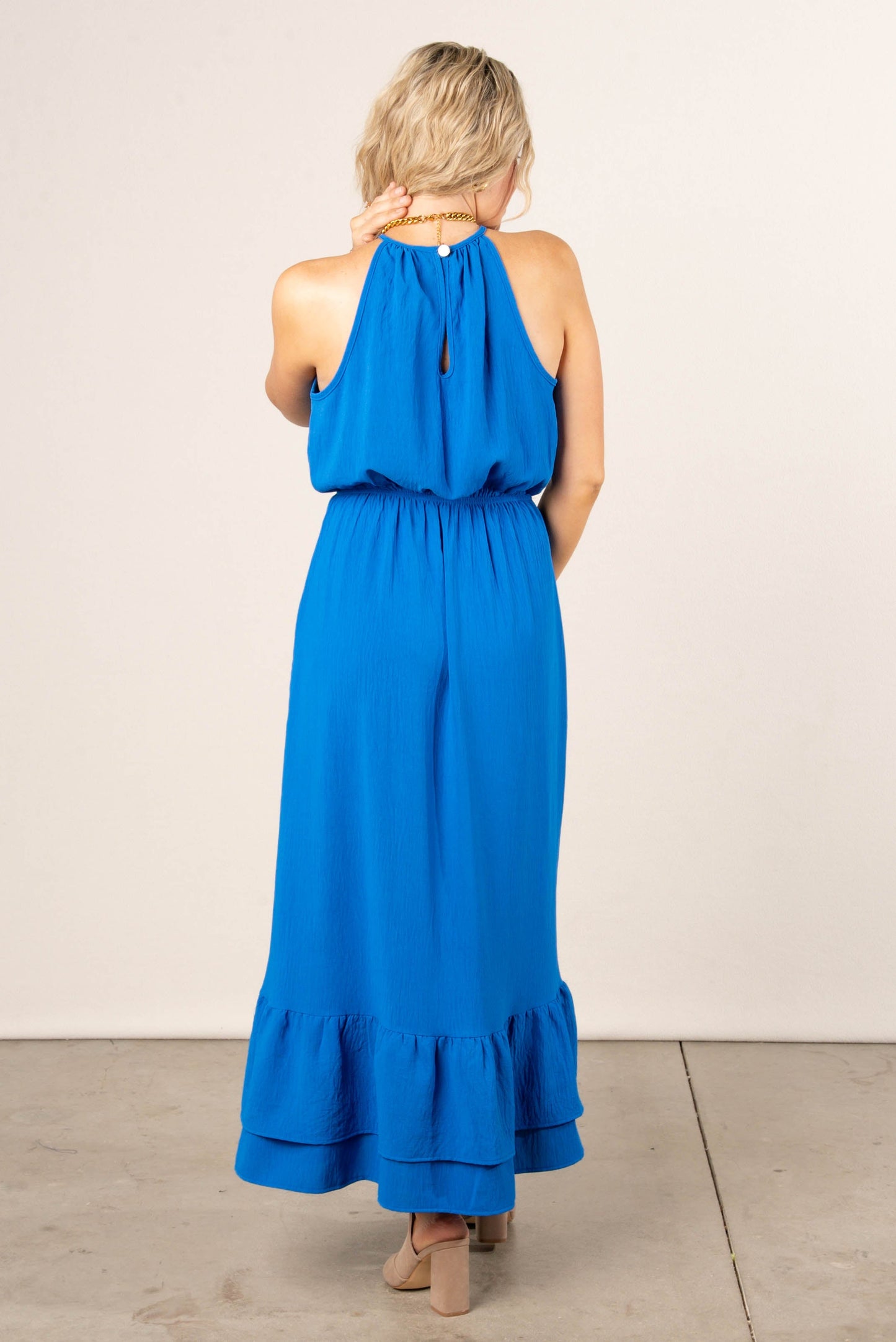 Halter Hi-Lo Ruffle Hem Maxi Dress