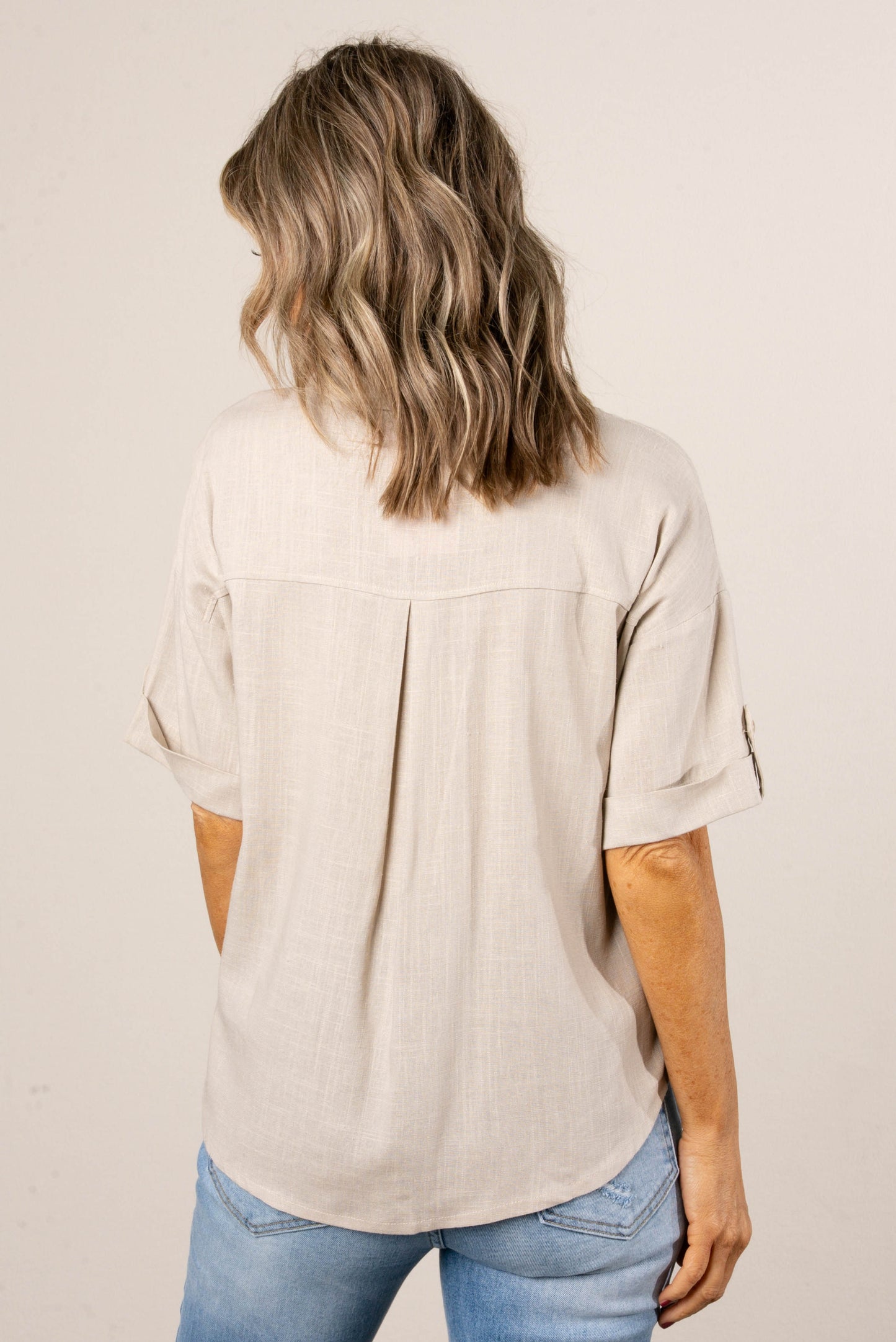Linen Blend Tab Sleeve Shirt