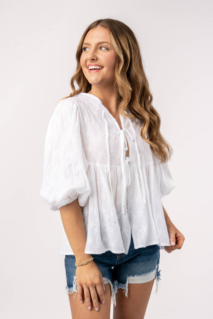 Floral Eyelet Tie Front Blouse