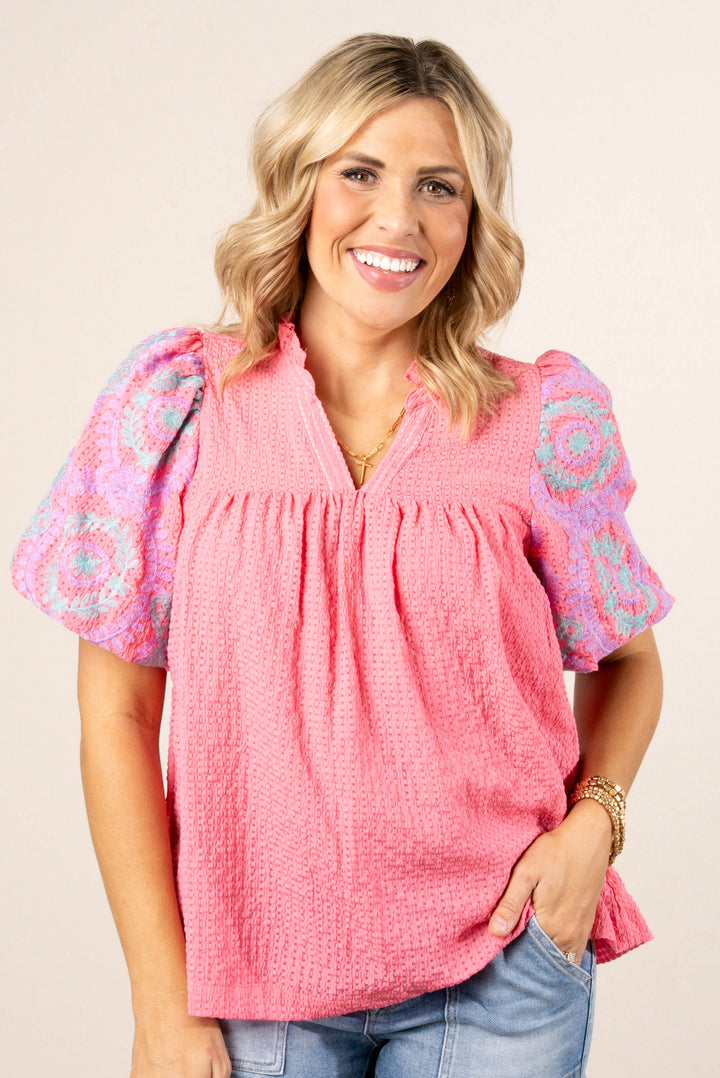 Seersucker Embroidered Sleeve Top