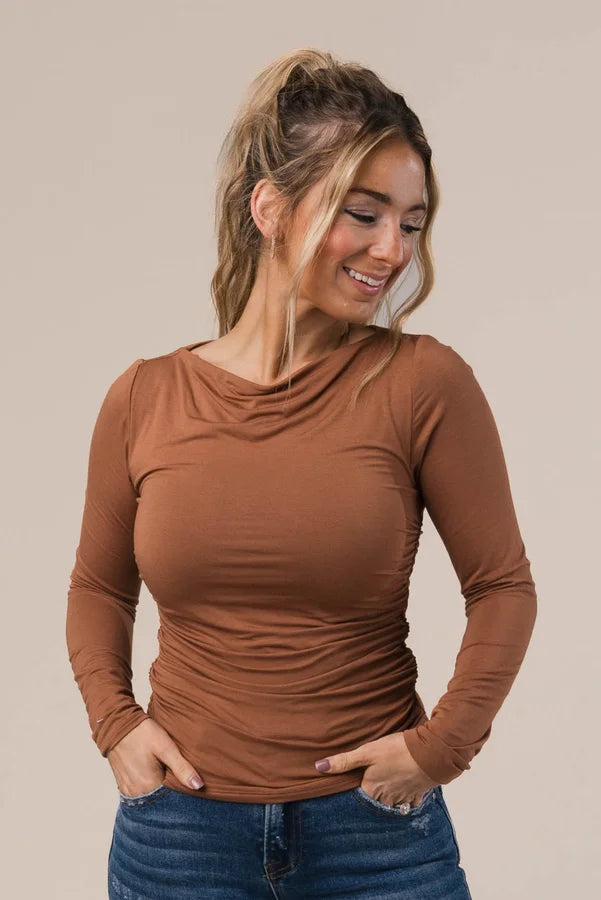 Side Ruched Boat Neck Top