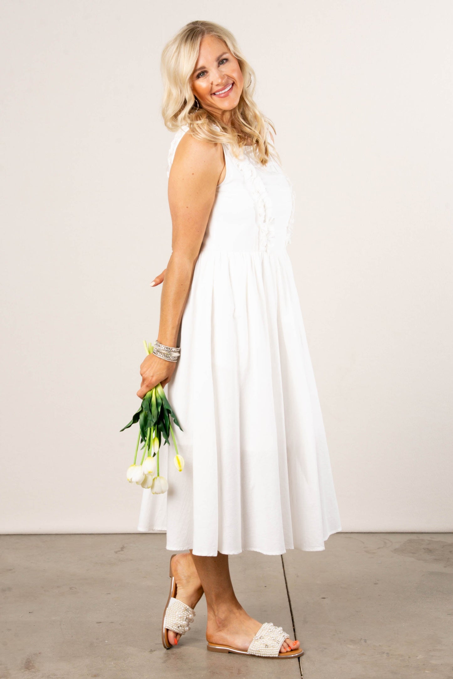 Pintucked Ruffle Detail Midi Dress Ivory