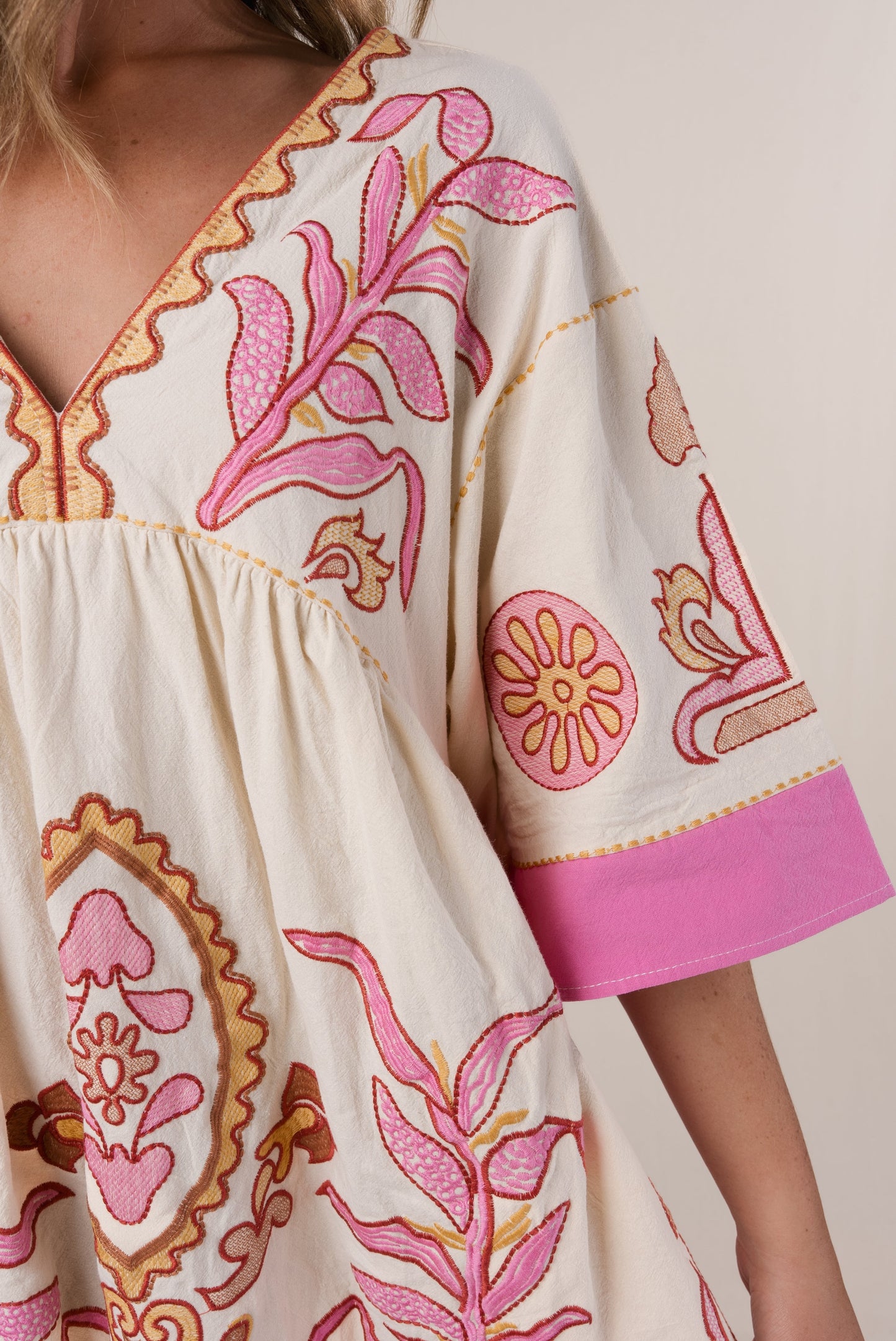 Boho Embroidered Babydoll Dress Fuchsia