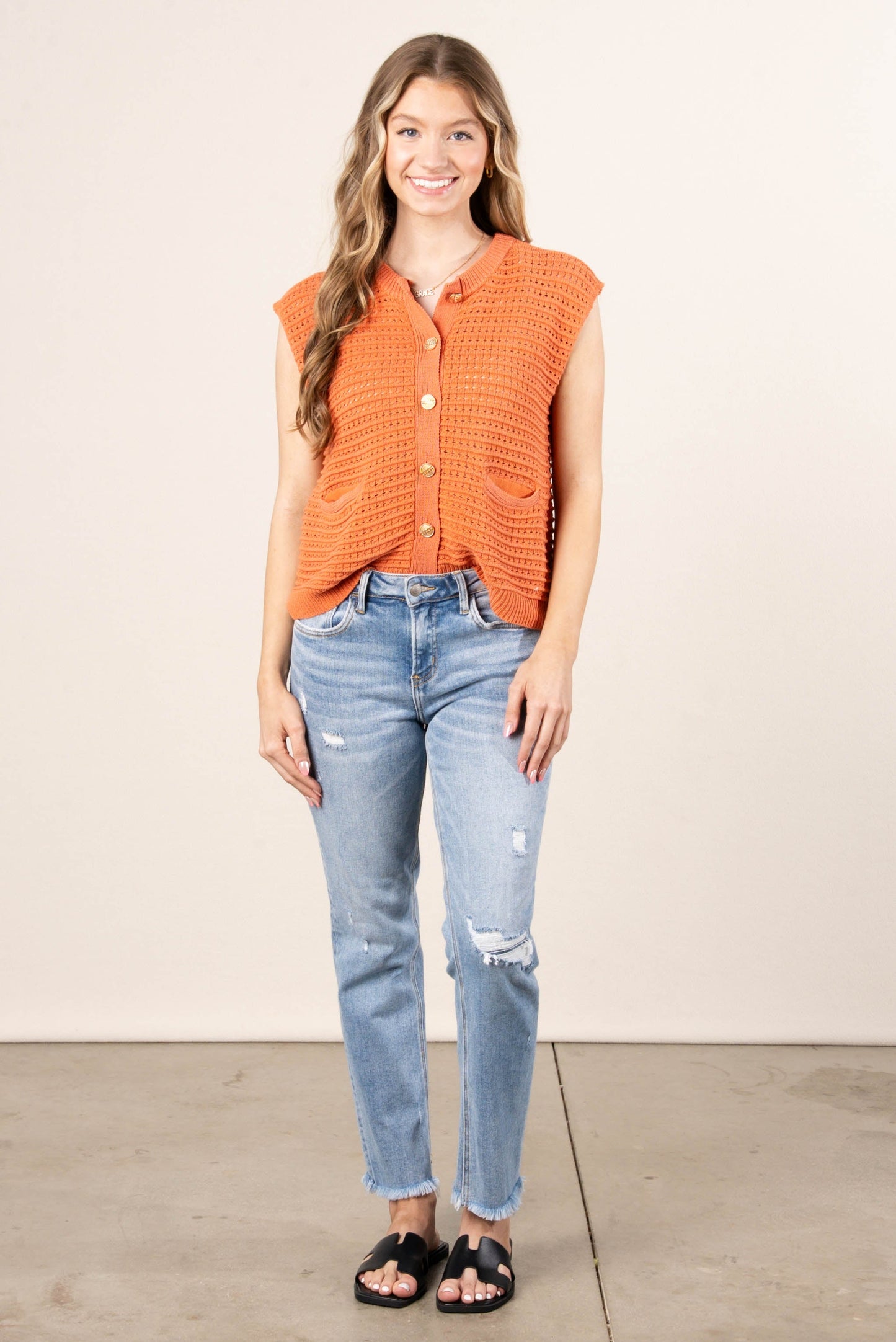 Crocheted Gold Button Sweater Vest
