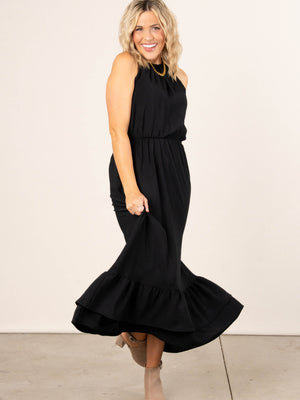 Halter Hi-Lo Ruffle Hem Maxi Dress