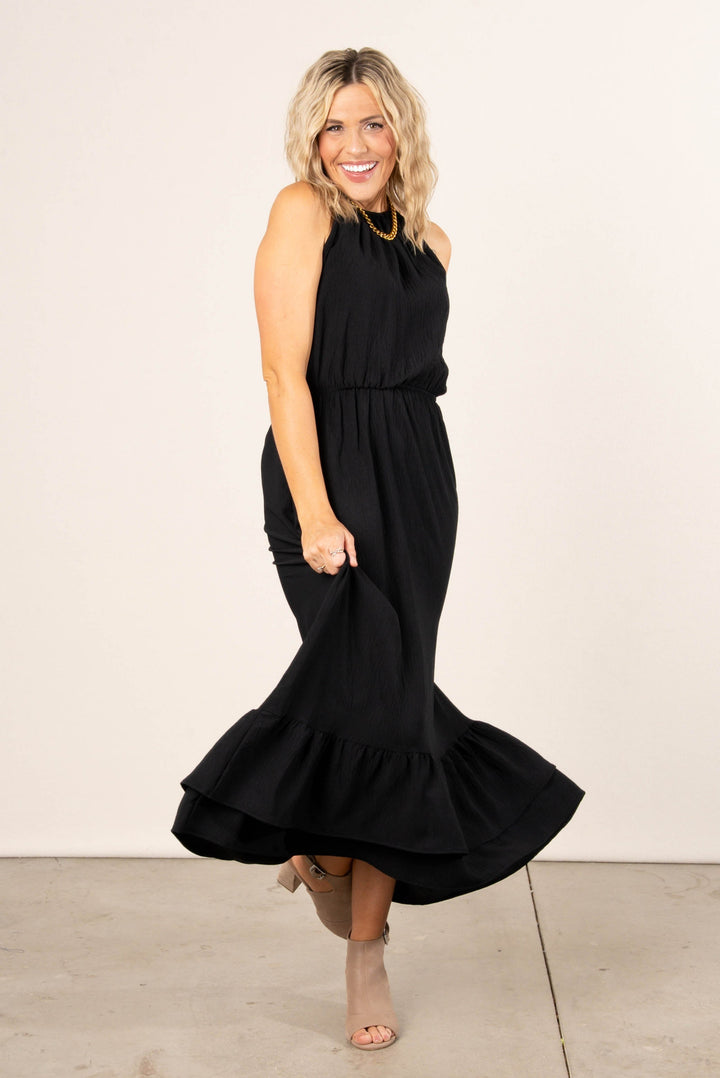 Halter Hi-Lo Ruffle Hem Maxi Dress