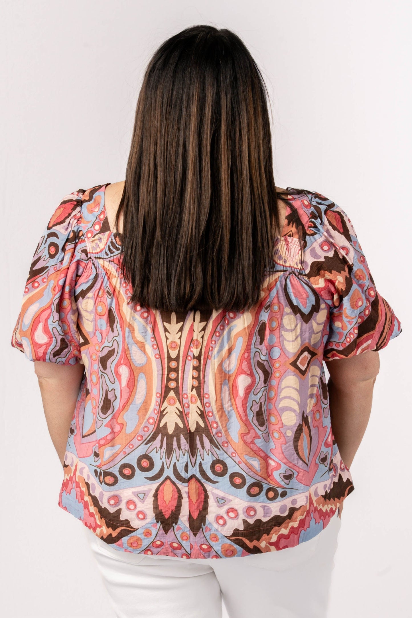 Abstract Smocked Square Neck Top