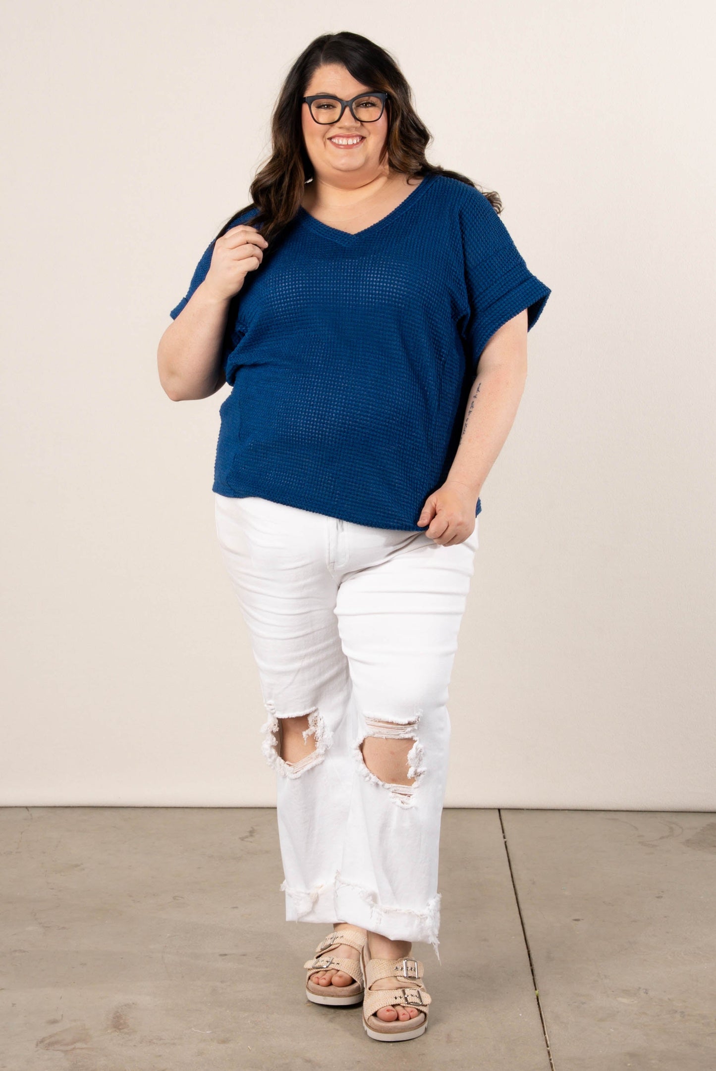 Waffle Knit Cuffed Sleeve Top