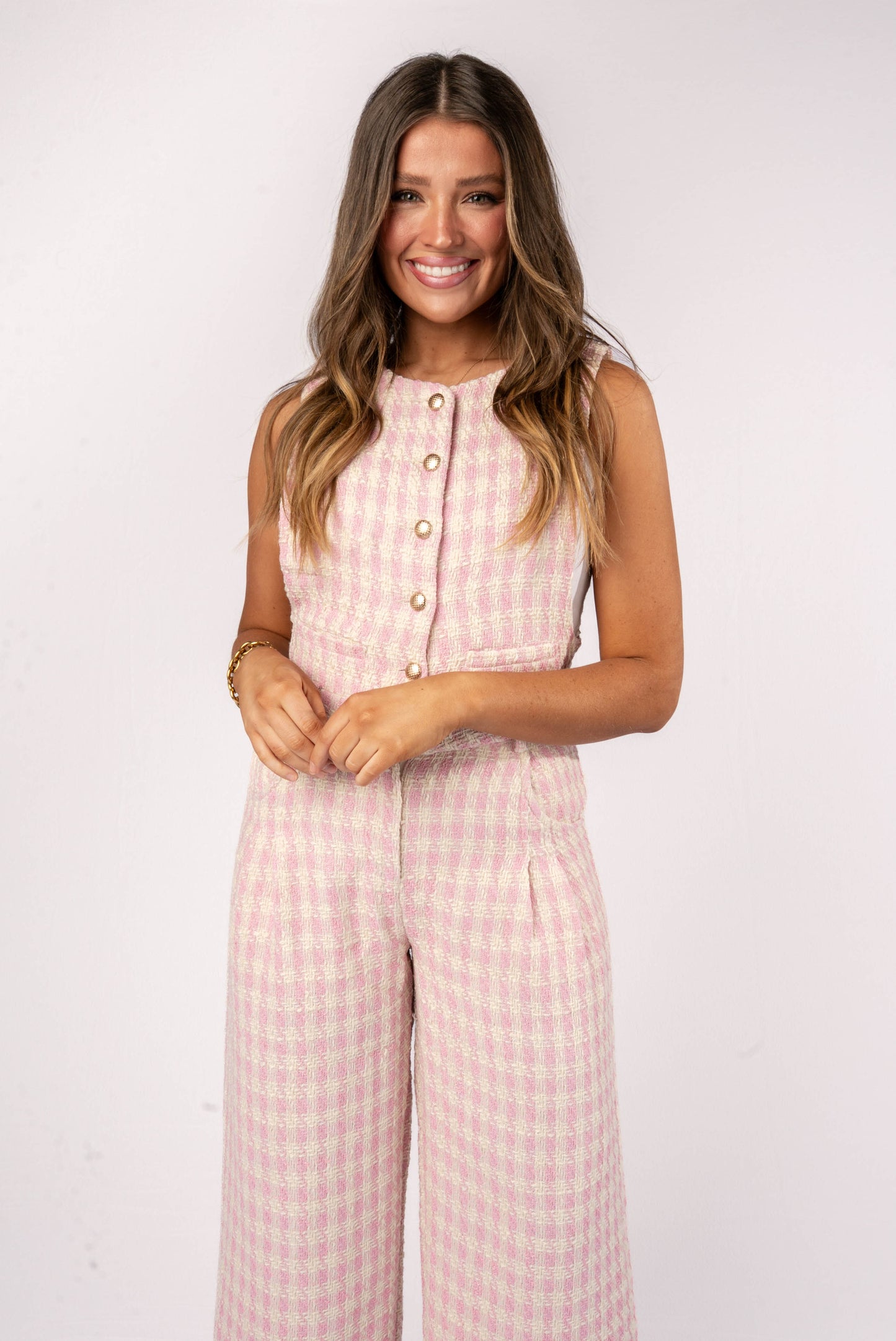 Tweed Plaid Sleeveless Button Detail Jumpsuit *Final Sale*