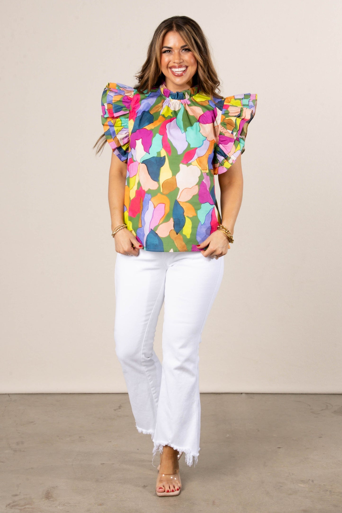 Abstract Ruffle Shoulder Top