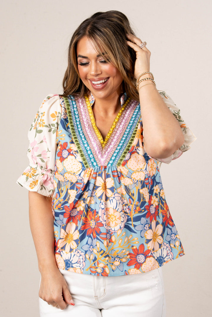 Georgia Mae Floral Block Embroidered Neck Top