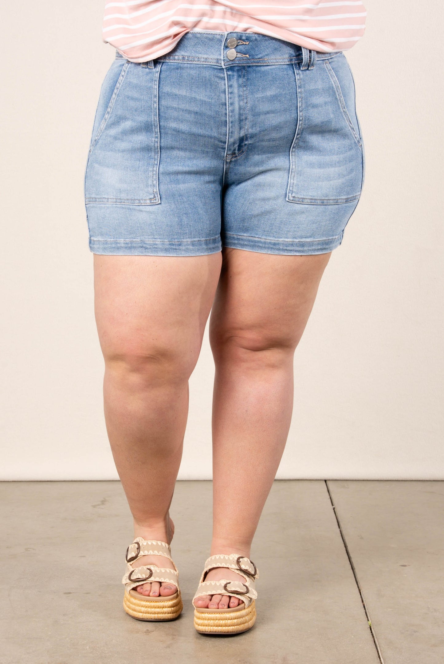 High Rise Patched Front Pocket Denim Shorts