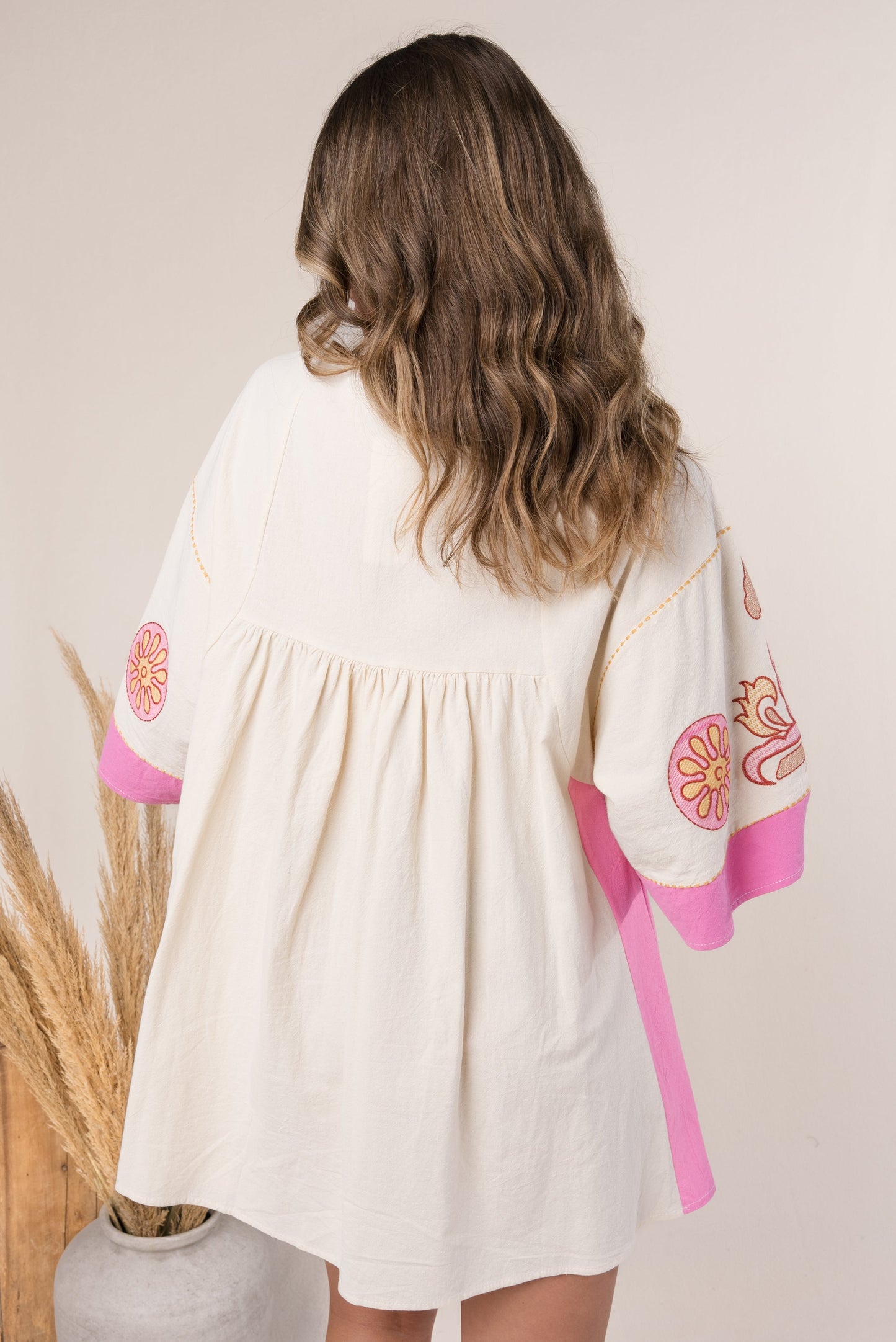 Boho Embroidered Babydoll Dress Fuchsia