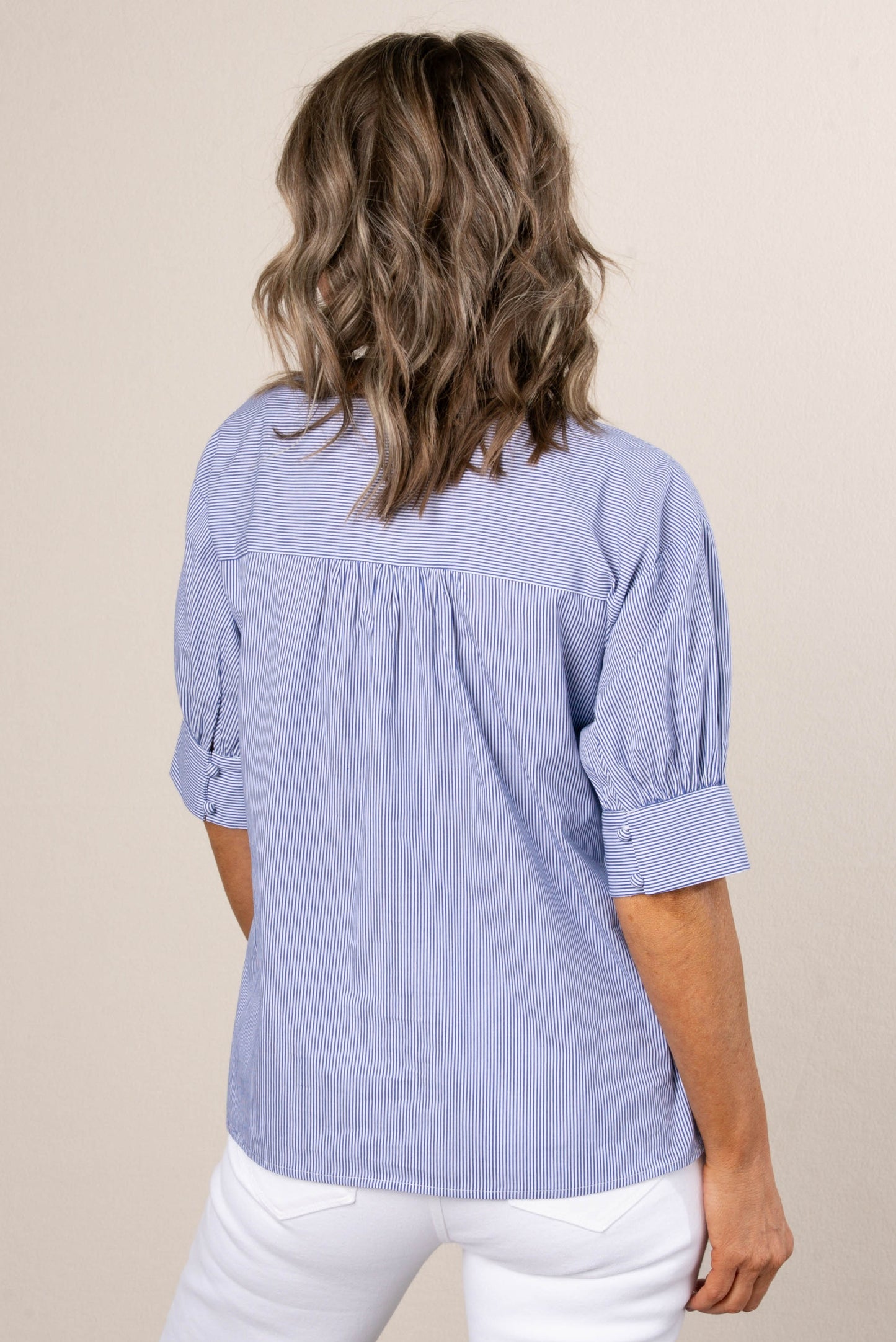 Pinstriped Button Cuff Blouse