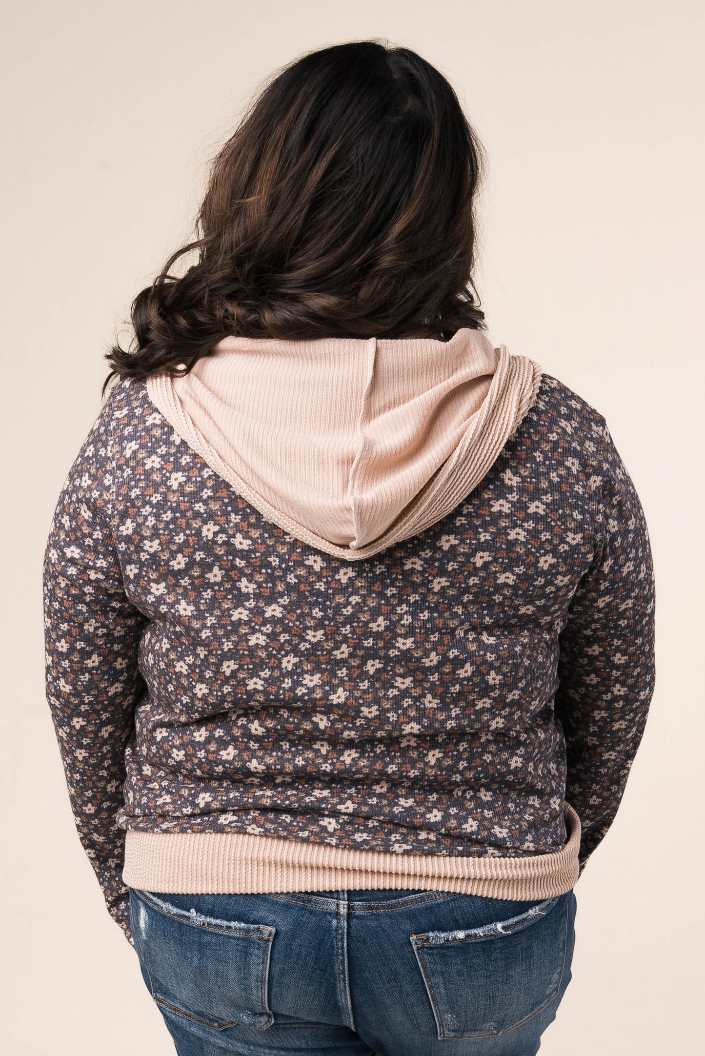Floral Contrast Trim Half Zip Hooded Top