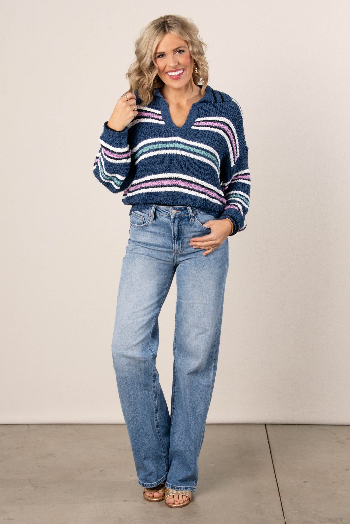 Striped Knit Collared Sweater