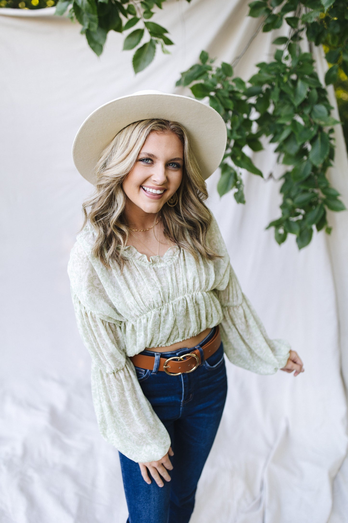 sku29788 | Floral Ruched Ruffle Neck Blouse *Final Sale*