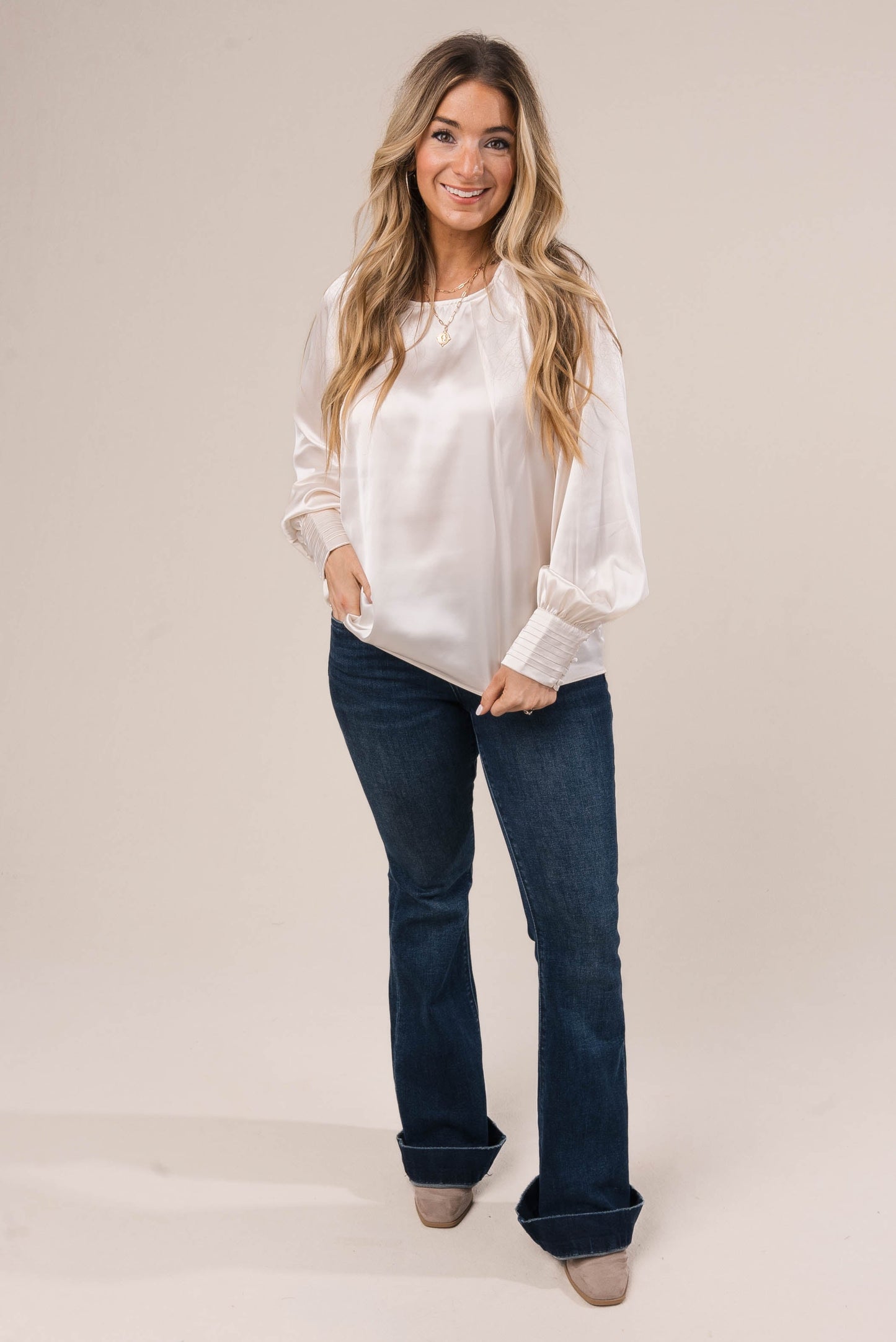 Satin Pleated Button Cuff Blouse *Final Sale*