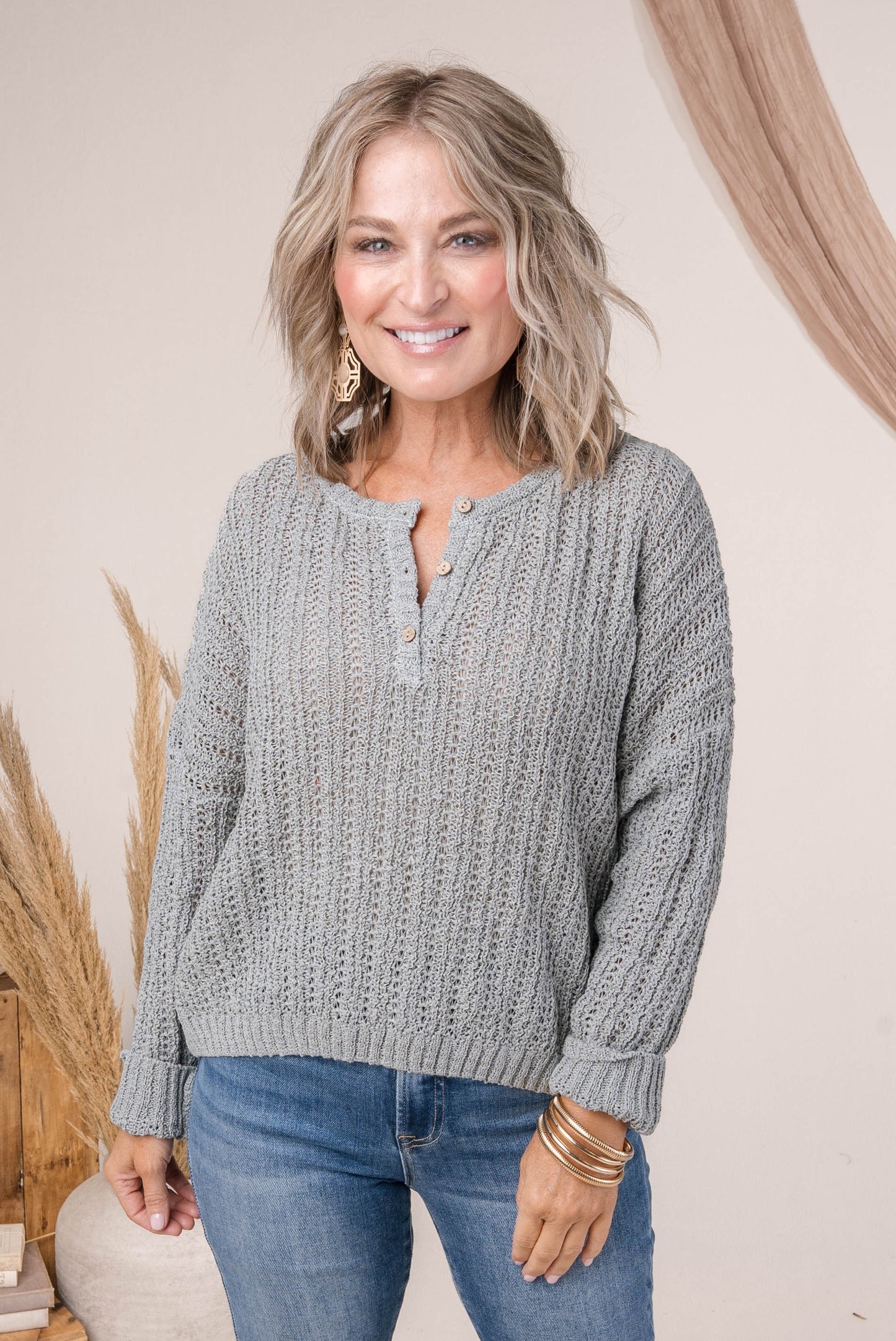 Open Knit Cropped Henley Sweater