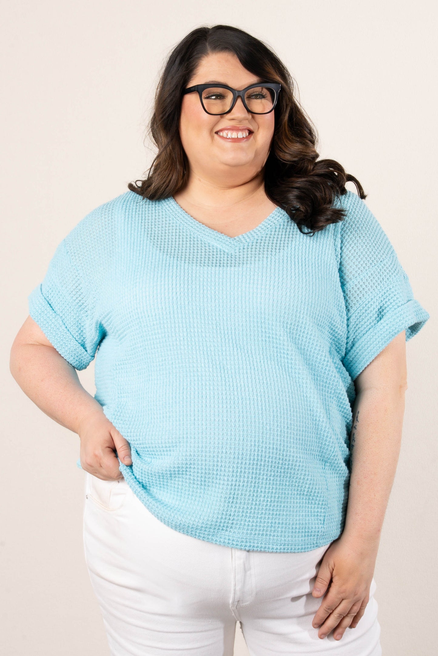 Waffle Knit Cuffed Sleeve Top