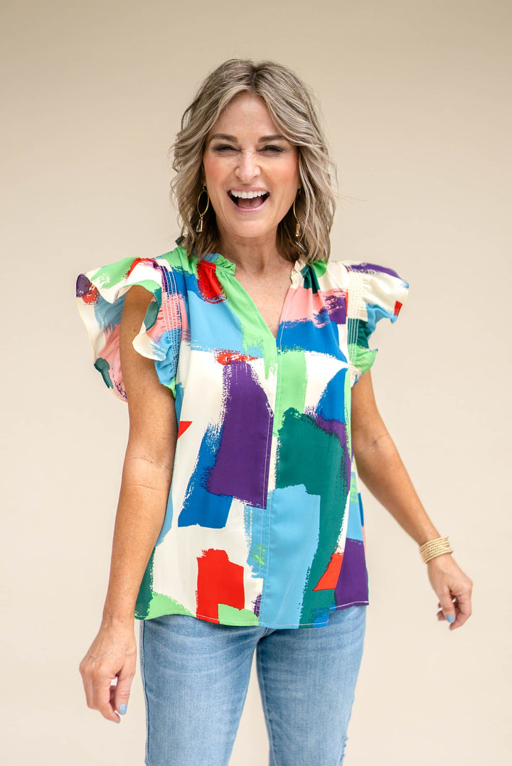 Brush Stroke Tie Neck Blouse *Final Sale*