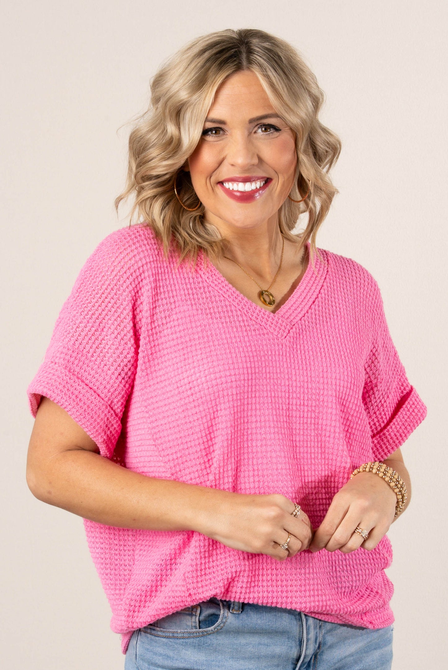 Waffle Knit Cuffed Sleeve Top