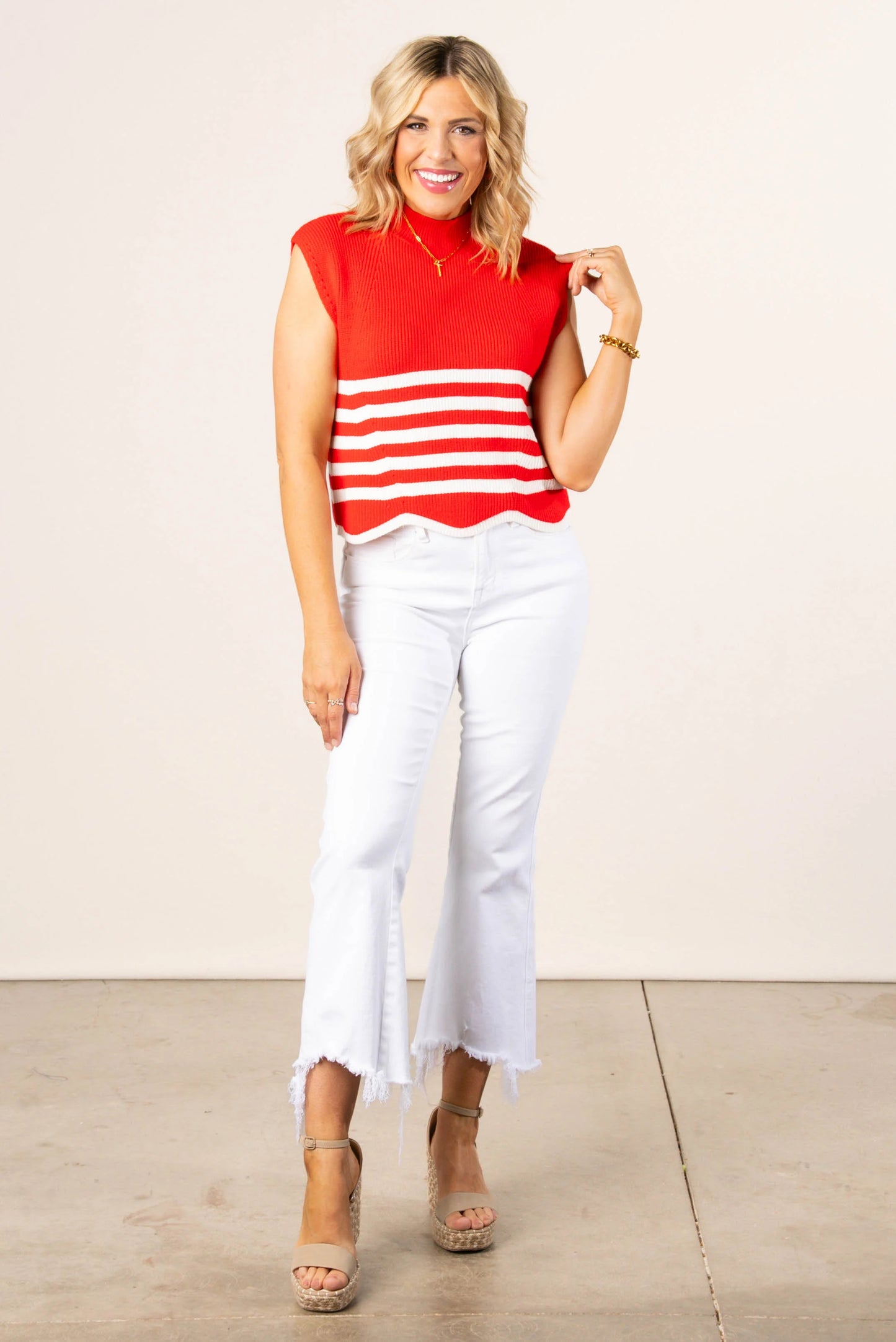 Stripe Mock Neck Scallop Hem Sweater
