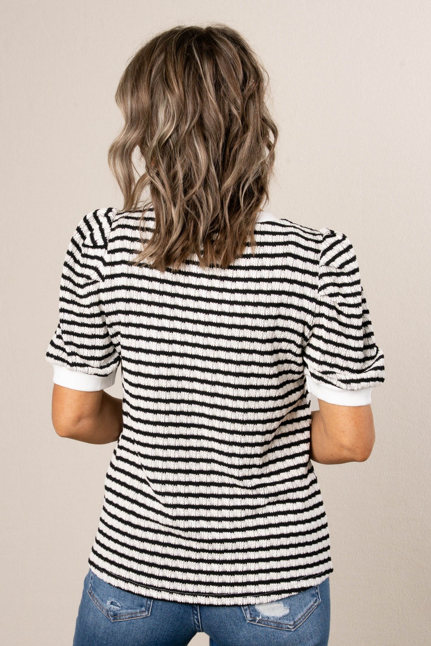Striped Knit Puff Sleeve Sweater