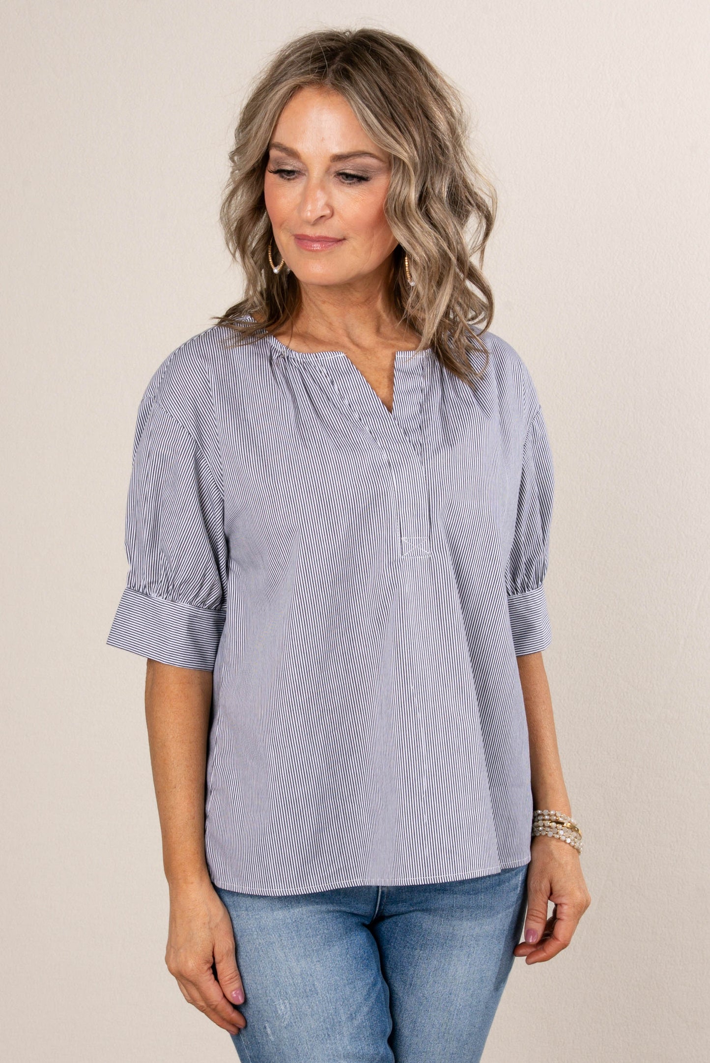 Pinstriped Button Cuff Blouse