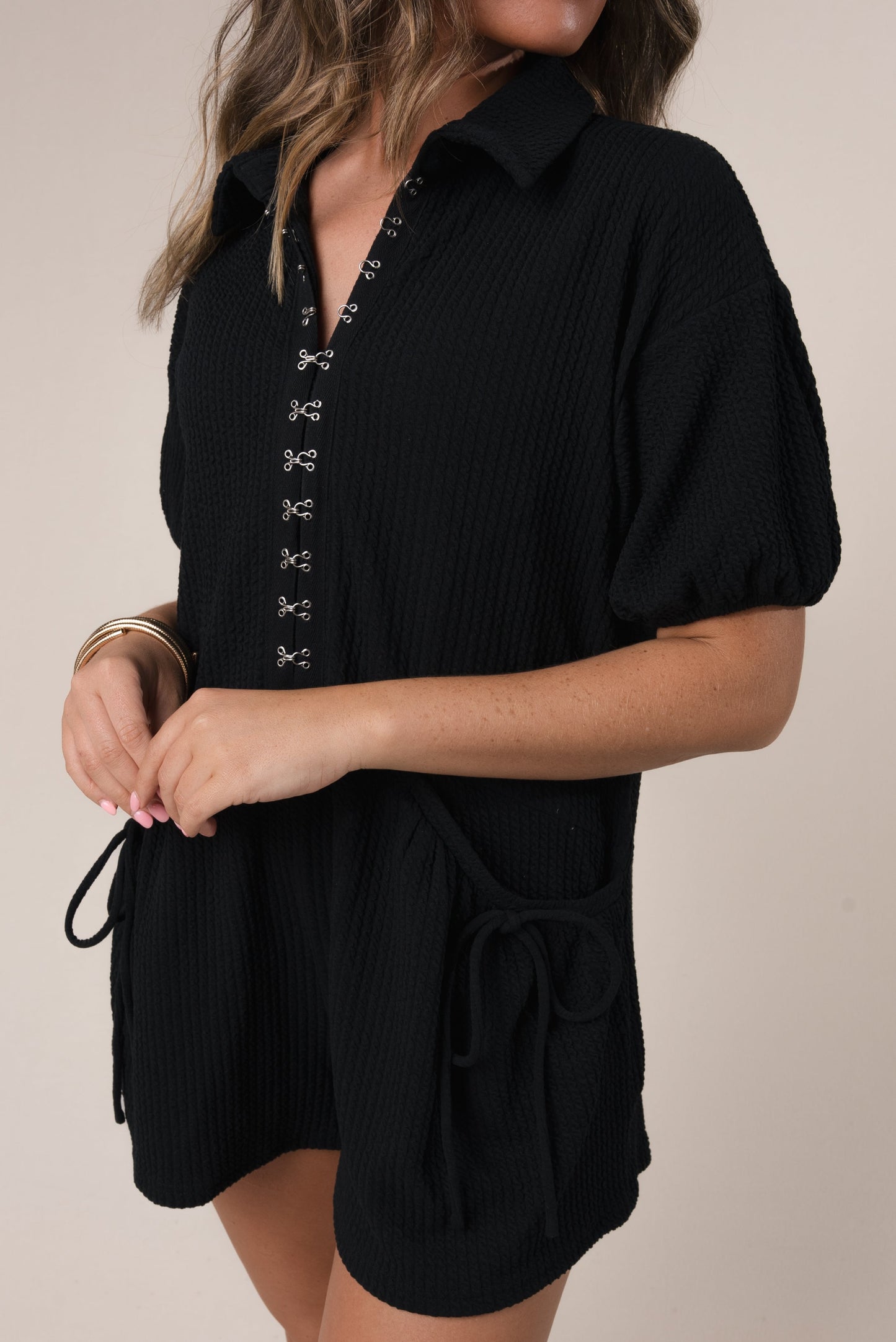 Textured Hook + Eye Closure Romper *Final Sale*