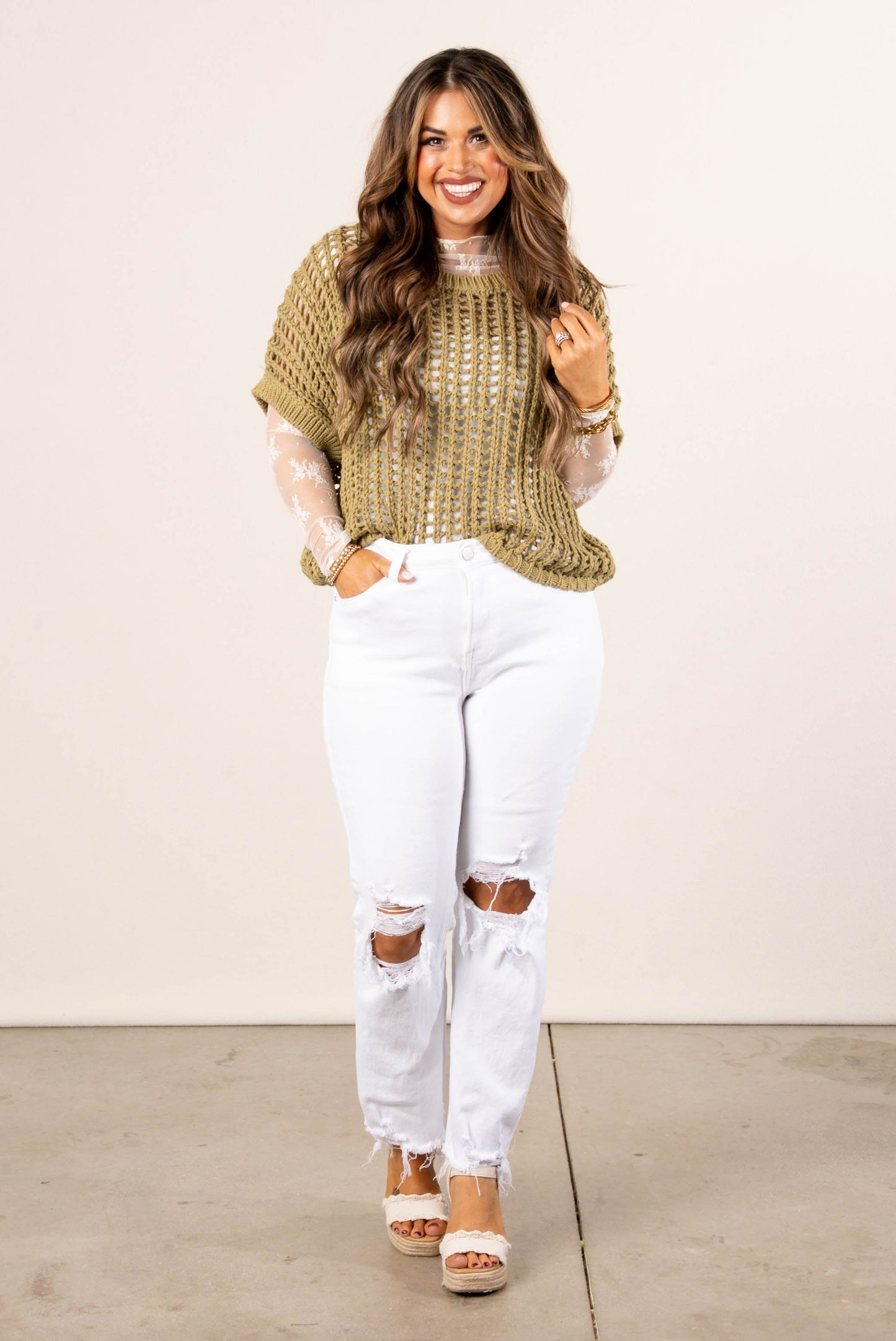Crocheted Open Knit Dolman Sweater
