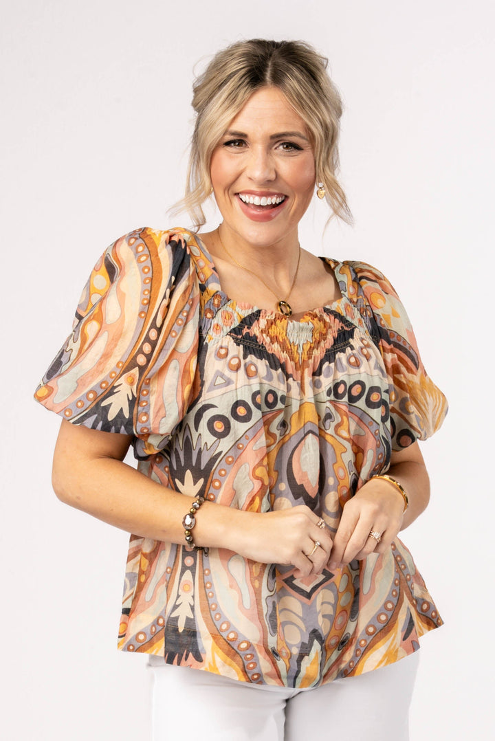 Abstract Smocked Square Neck Top