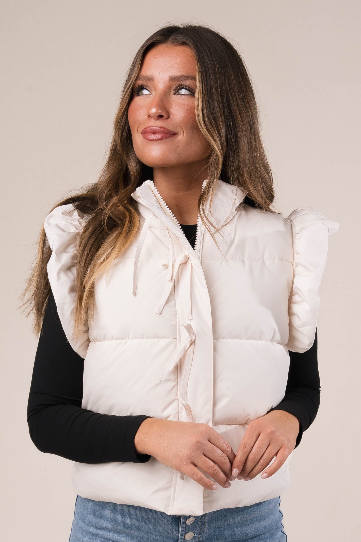 Ruffle Shoulder Bow Tie Puffer Vest *Final Sale*