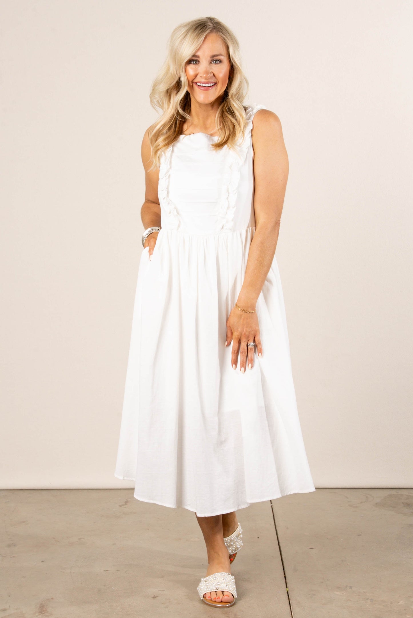 Pintucked Ruffle Detail Midi Dress Ivory