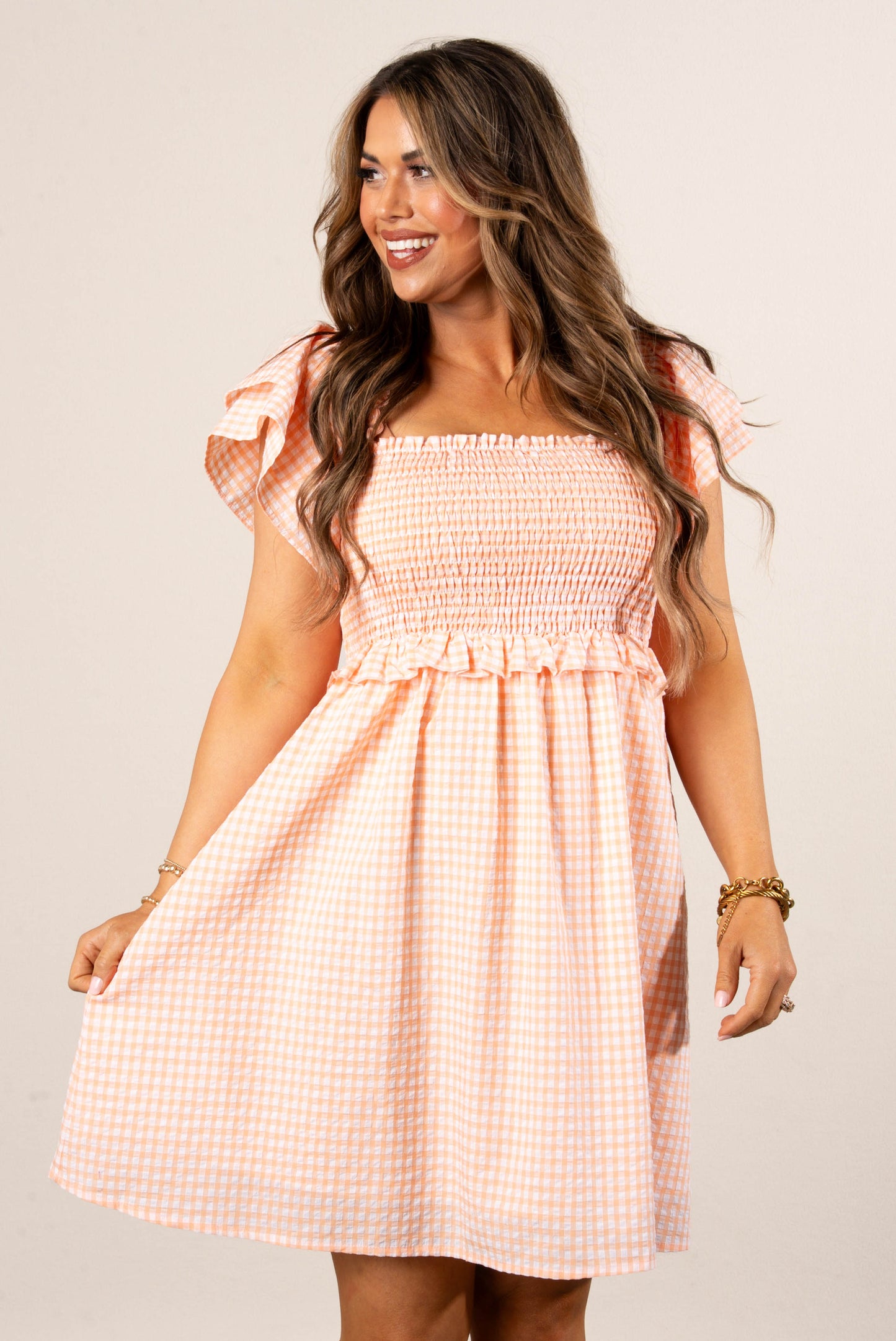 Gingham Smocked Flutter Sleeve Dress