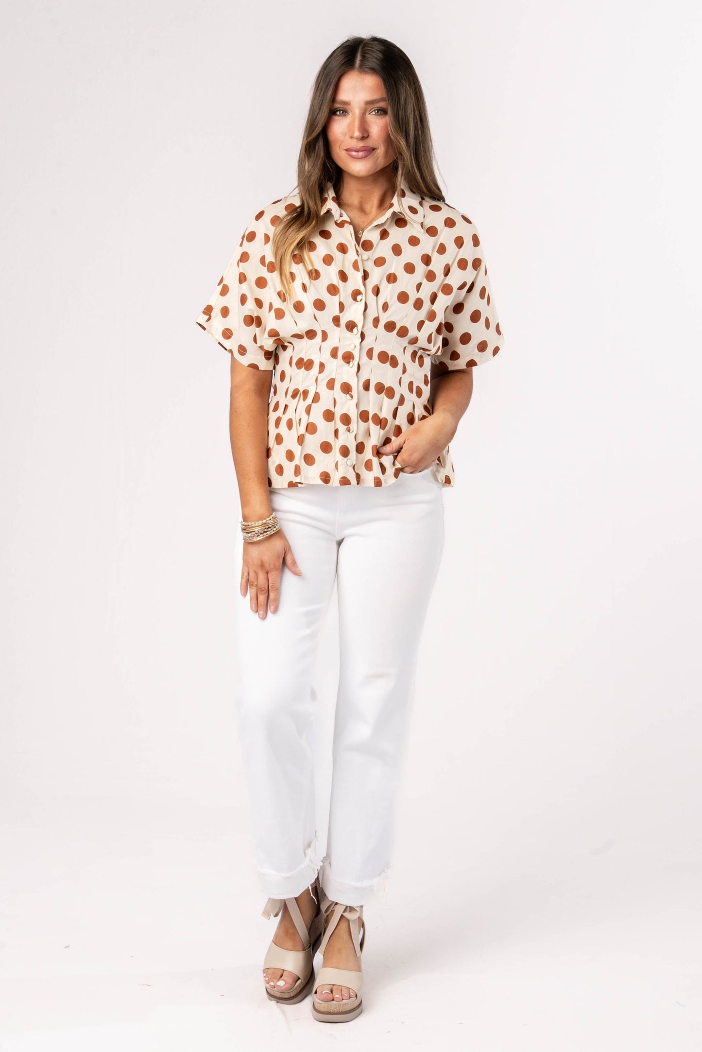 Polka Dot Pleated Waist Blouse