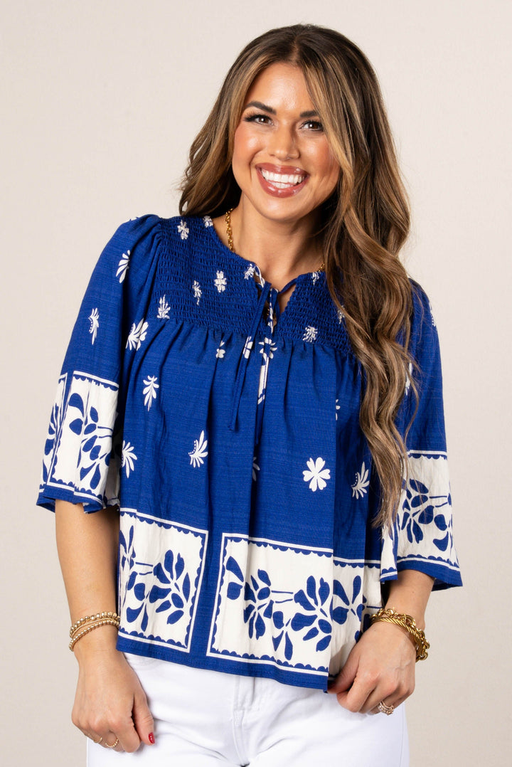 Floral Border Print Smocked Top