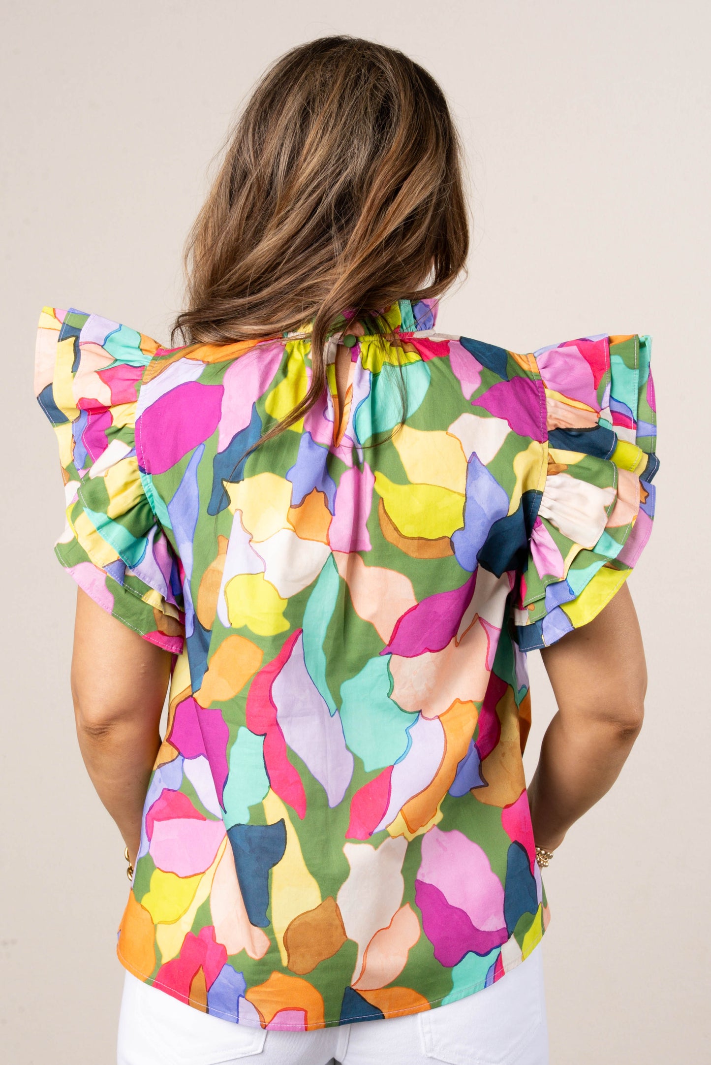 Abstract Ruffle Shoulder Top