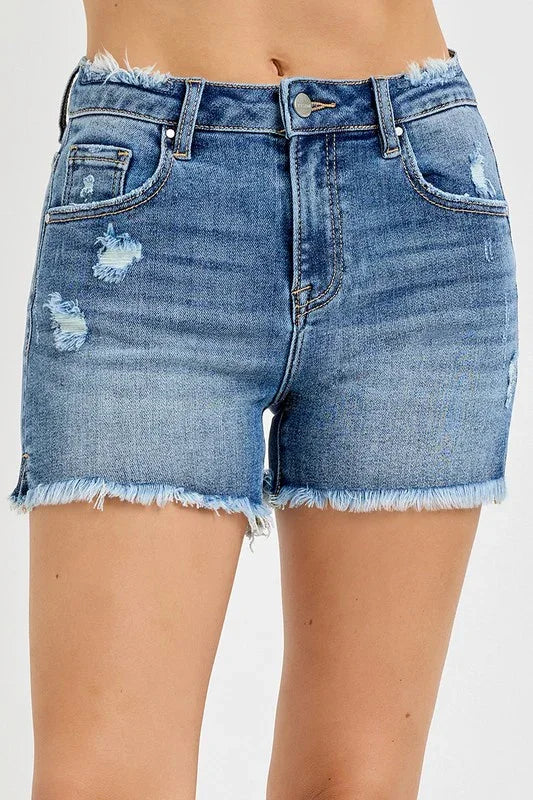 Risen Denim | Shawna Mid Rise Distressed Denim Shorts *Final Sale*