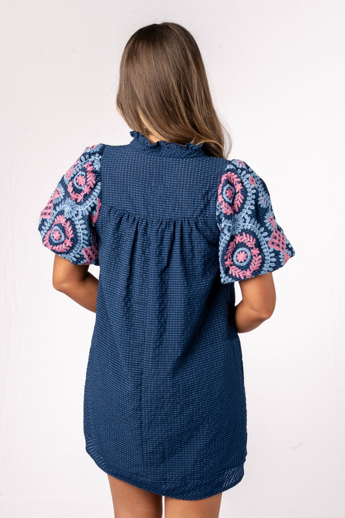 Seersucker Embroidered Sleeve Dress