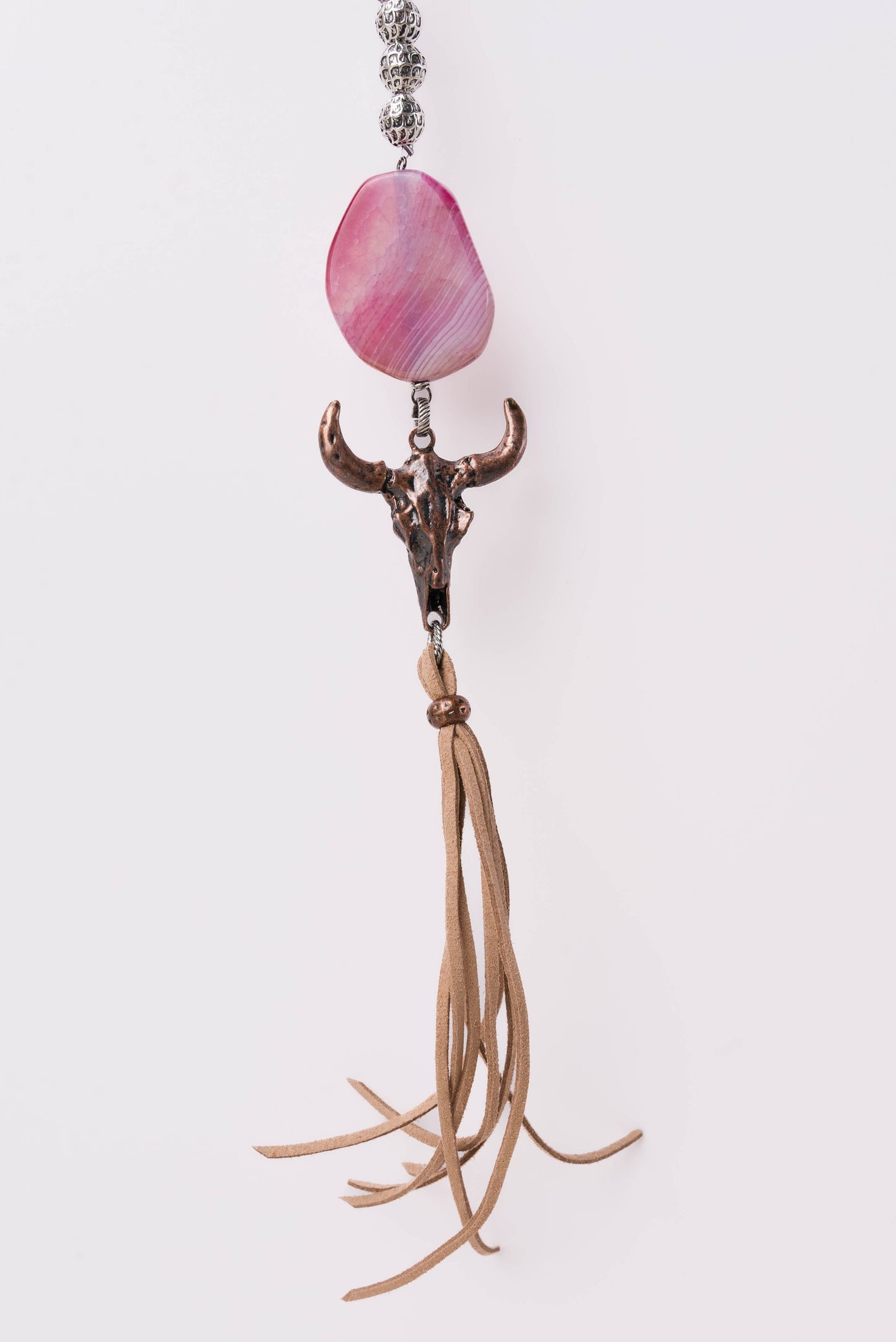 Stone Bead + Leather Steer Head Pendant Necklace