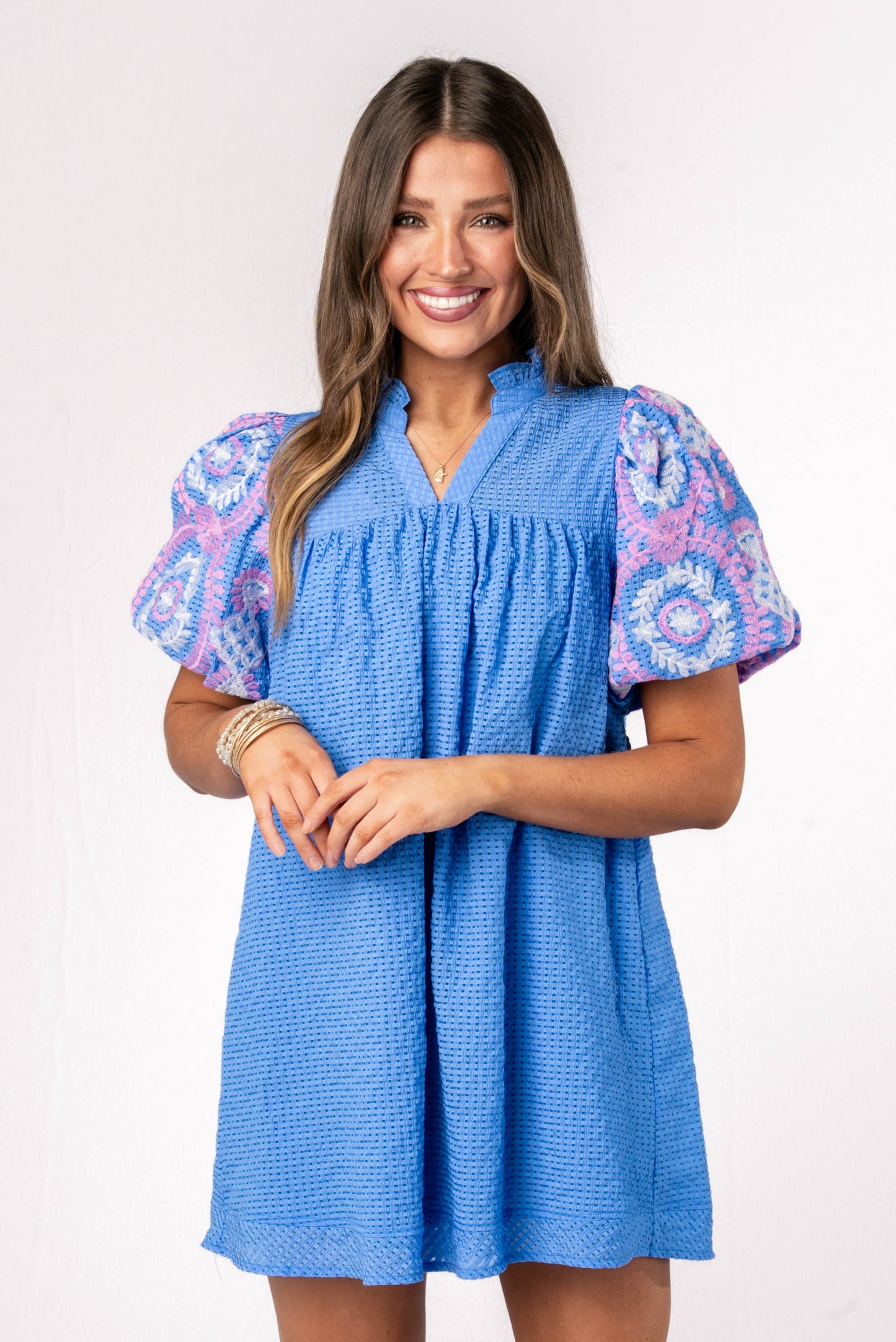 Seersucker Embroidered Sleeve Dress