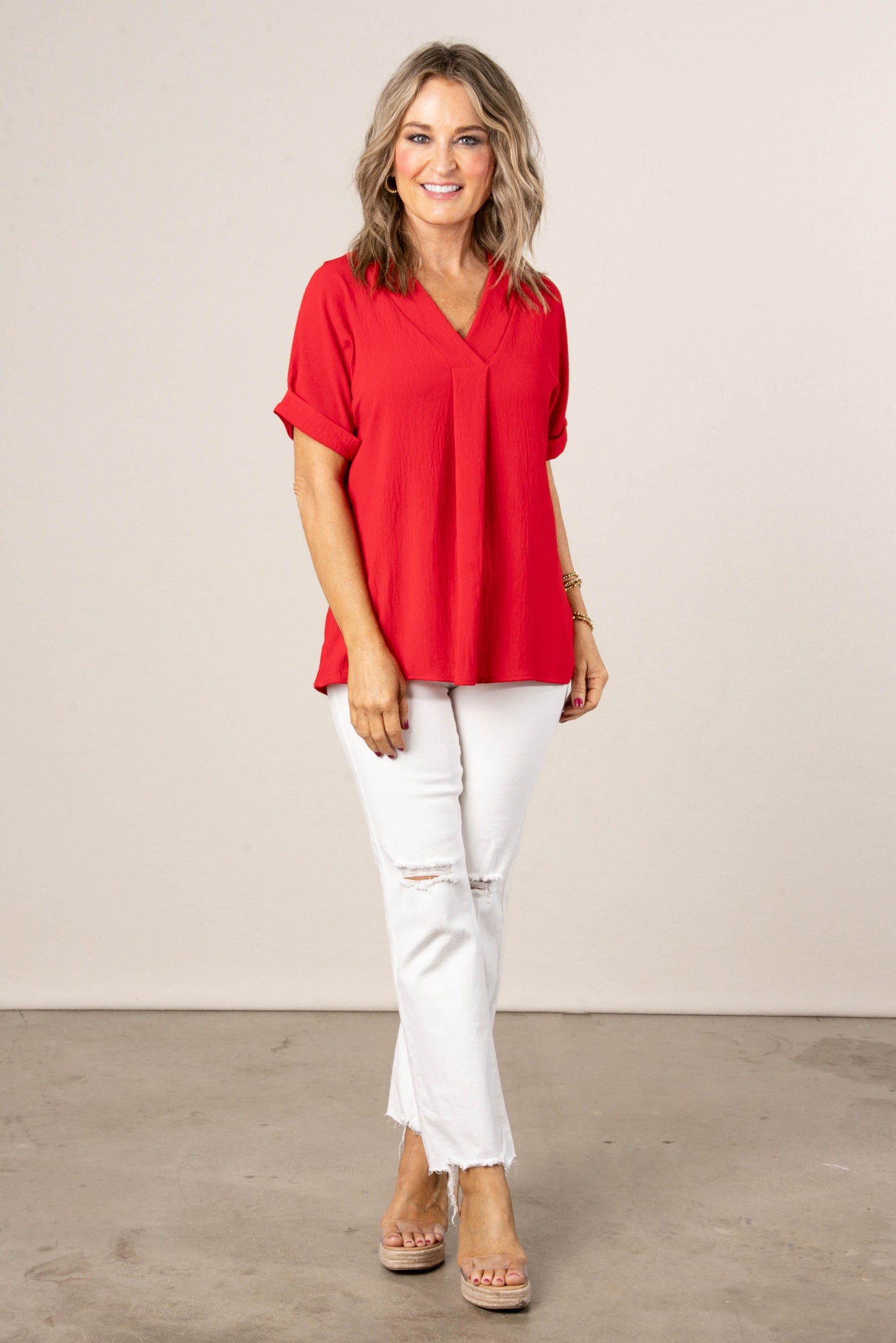 Front Pleat Cuffed Sleeve Top