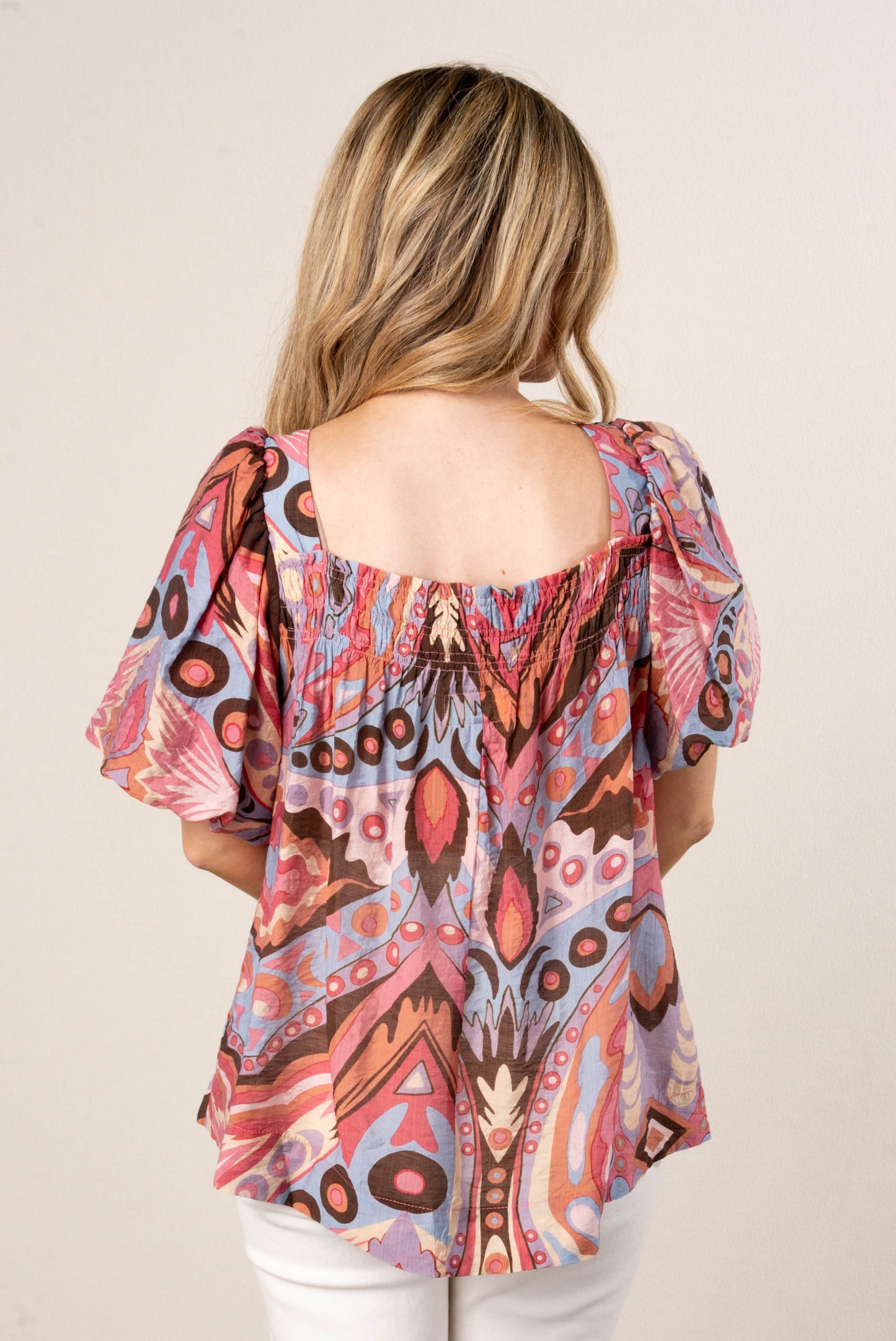 Abstract Smocked Square Neck Top