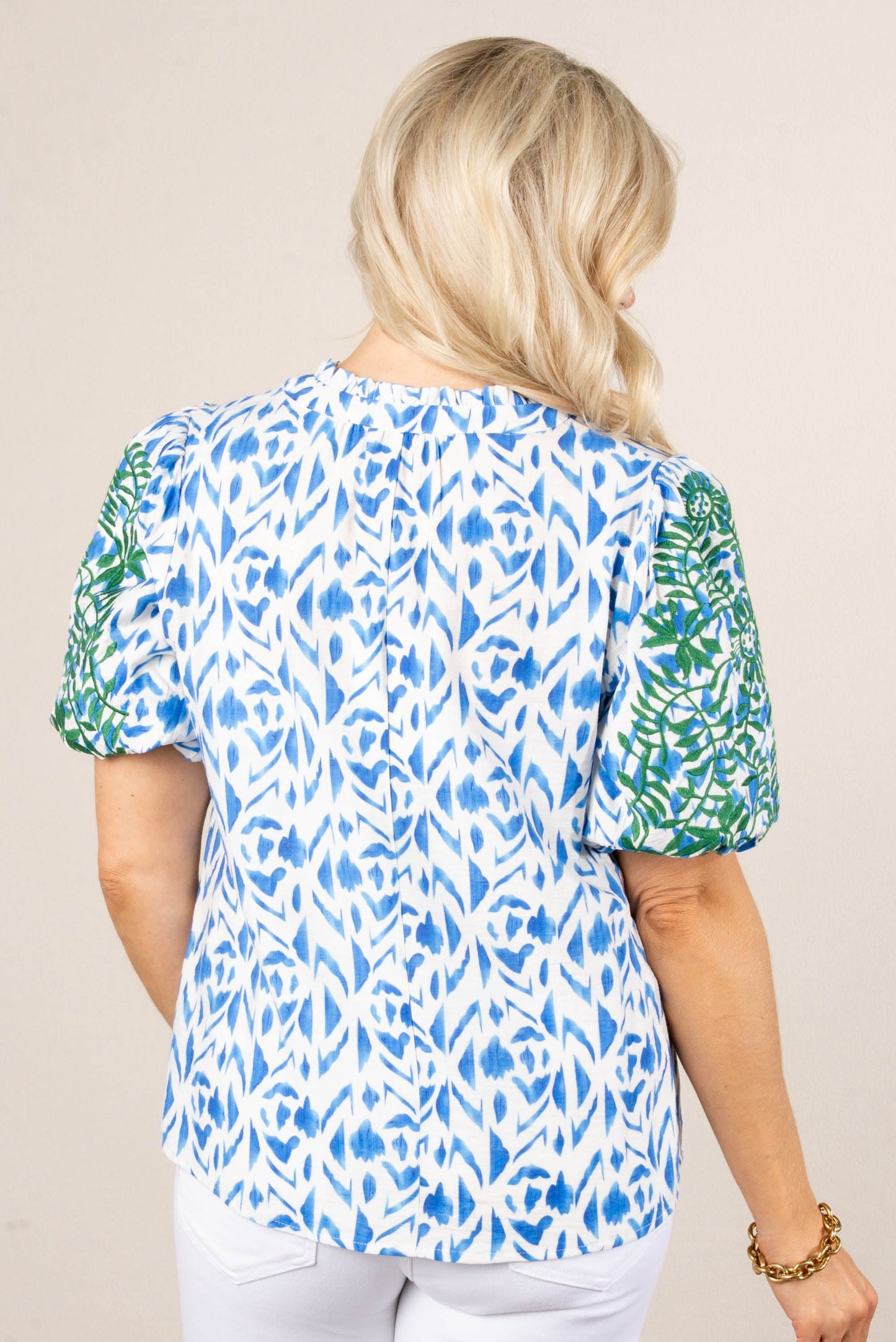 Abstract Embroidered Sleeve Top