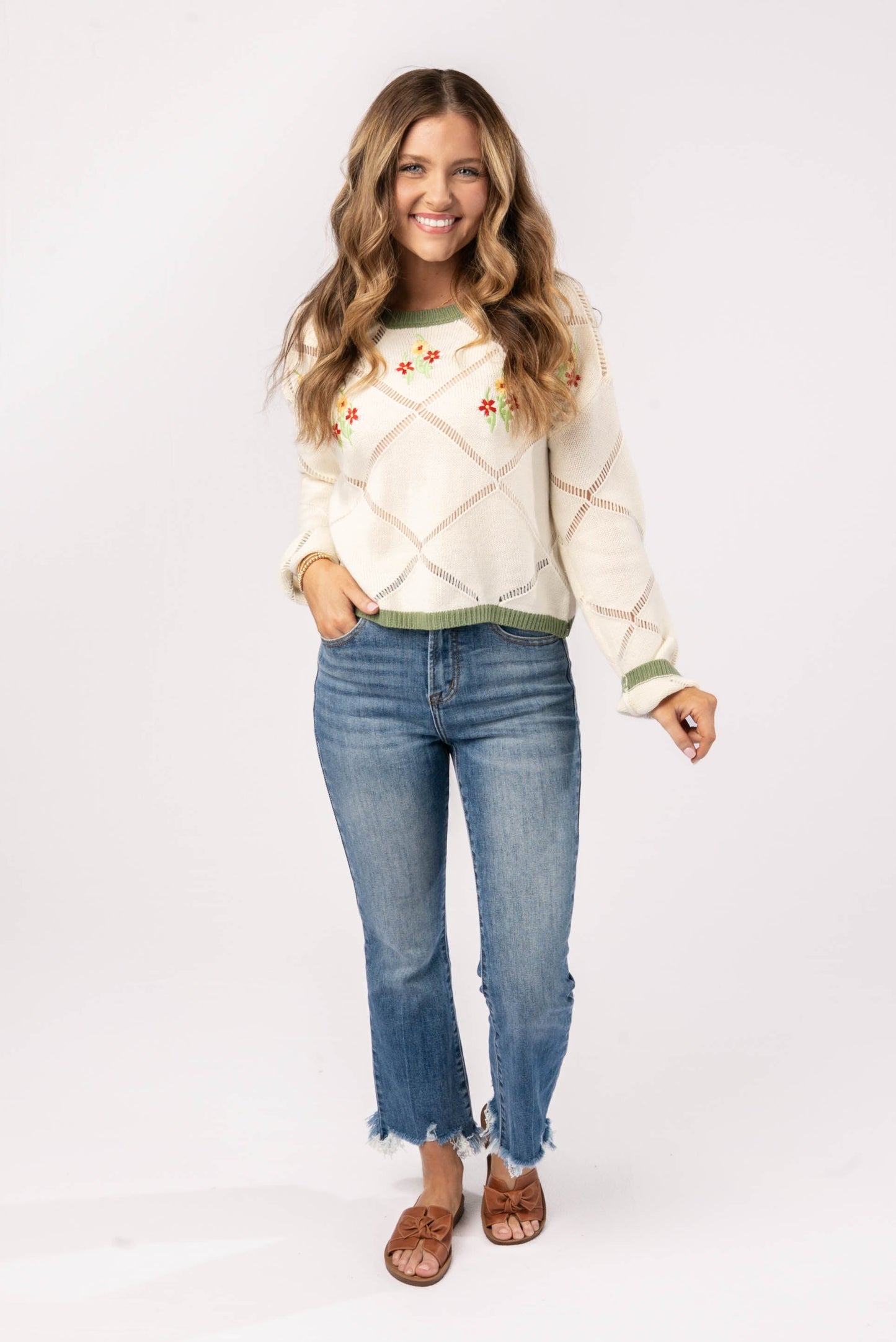 Floral Embroidered Open Knit Sweater