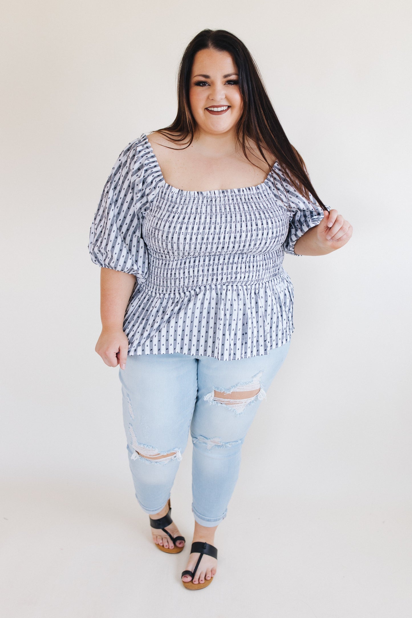 sku29481 | Stripe Swiss Dot Smocked Peplum Top