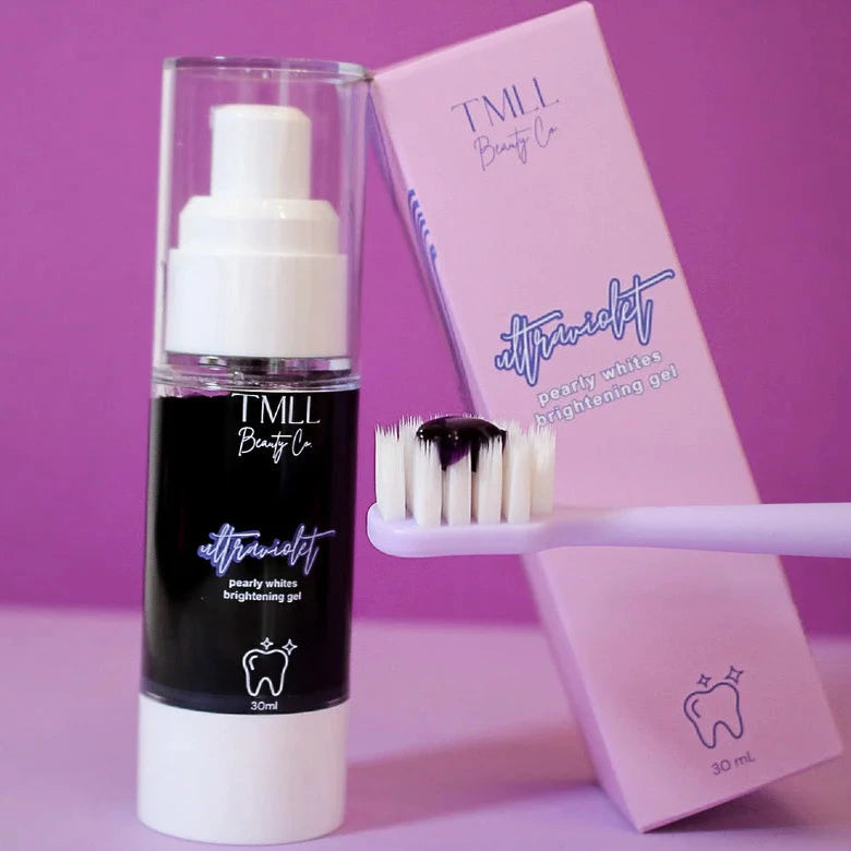 Pearly White teeth whitening gel pump bottle beside its purple box