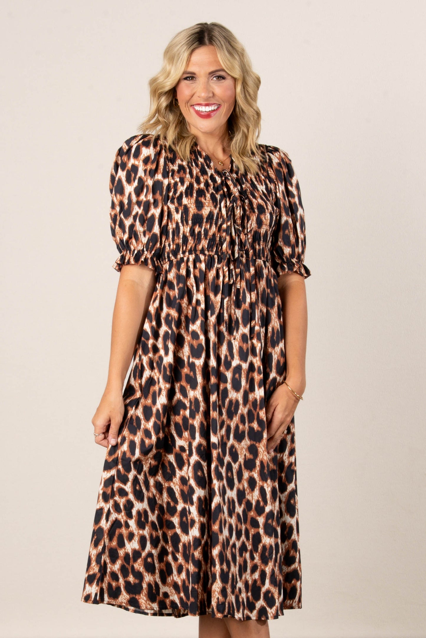 Leopard Smocked Midi dress